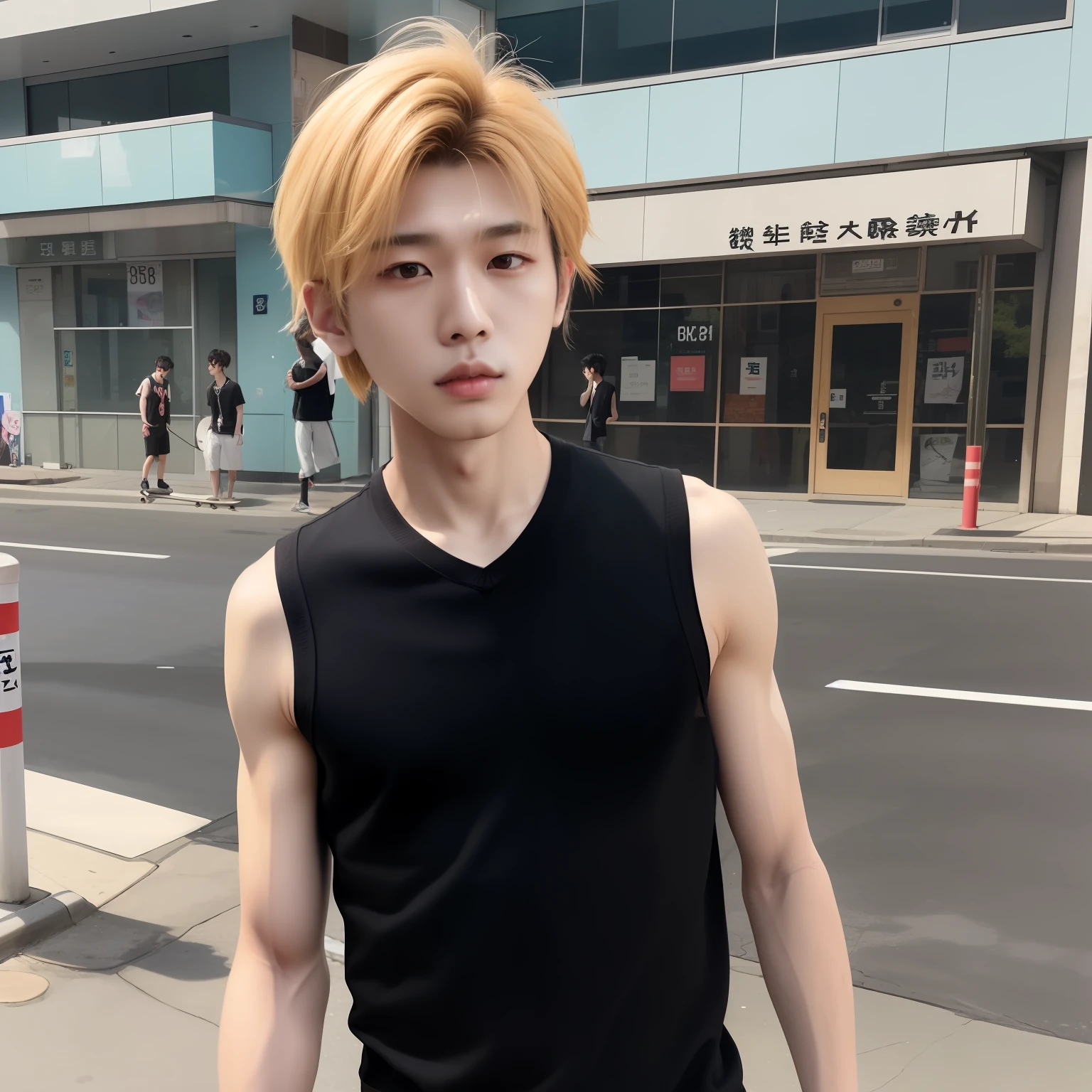 there is a man standing on the street with a skateboard, Cai Xukun's, South Korean male, she is wearing a black tank top, tight black tanktop, jung jaehyun, wearing a vest, wearing a vest, male ulzzang, handsome japanese demon boy