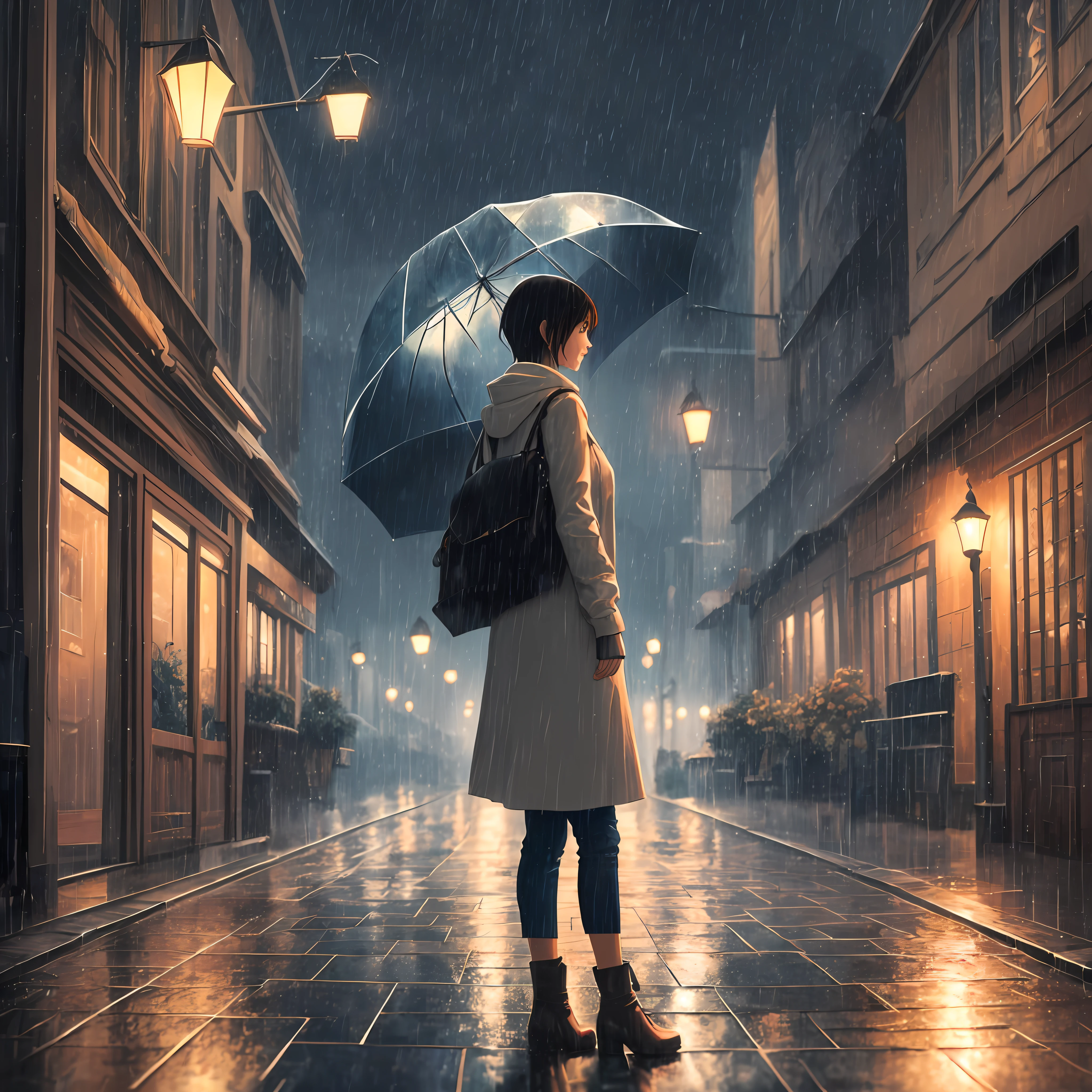 Landscape painting, heavy rain, vinyl umbrella, a woman standing in the middle looking into the distance, late night, street lights, illustrations like Makoto Shinkai, high resolution --auto --s2