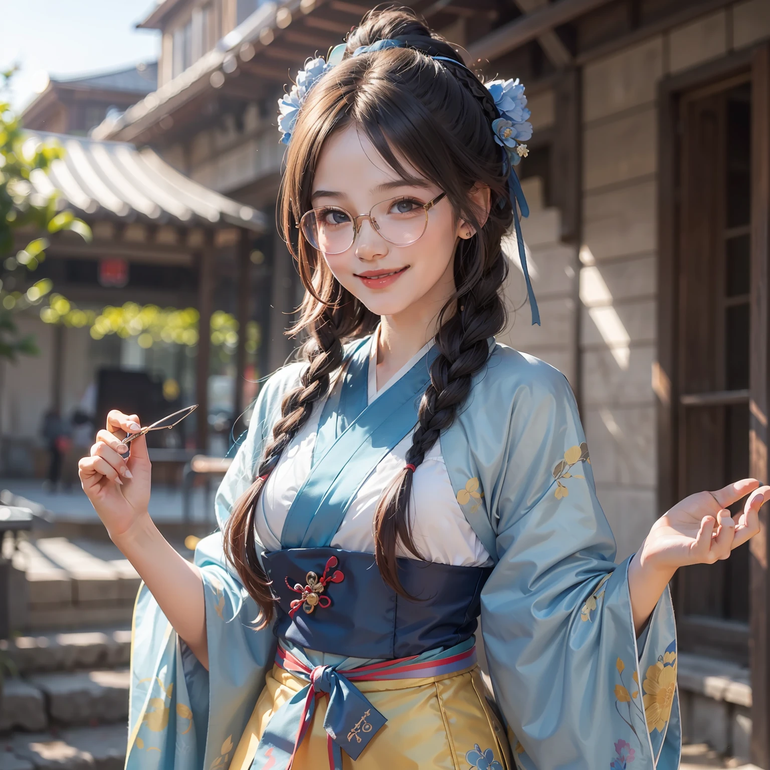 (hi-school girl:1.3),(Blue Hanfu:1.2),(with glasses:1.1),(Smile gently:1.1),(Sunny and cheerful:1.1),masterpiece,Need,majicMIX lux