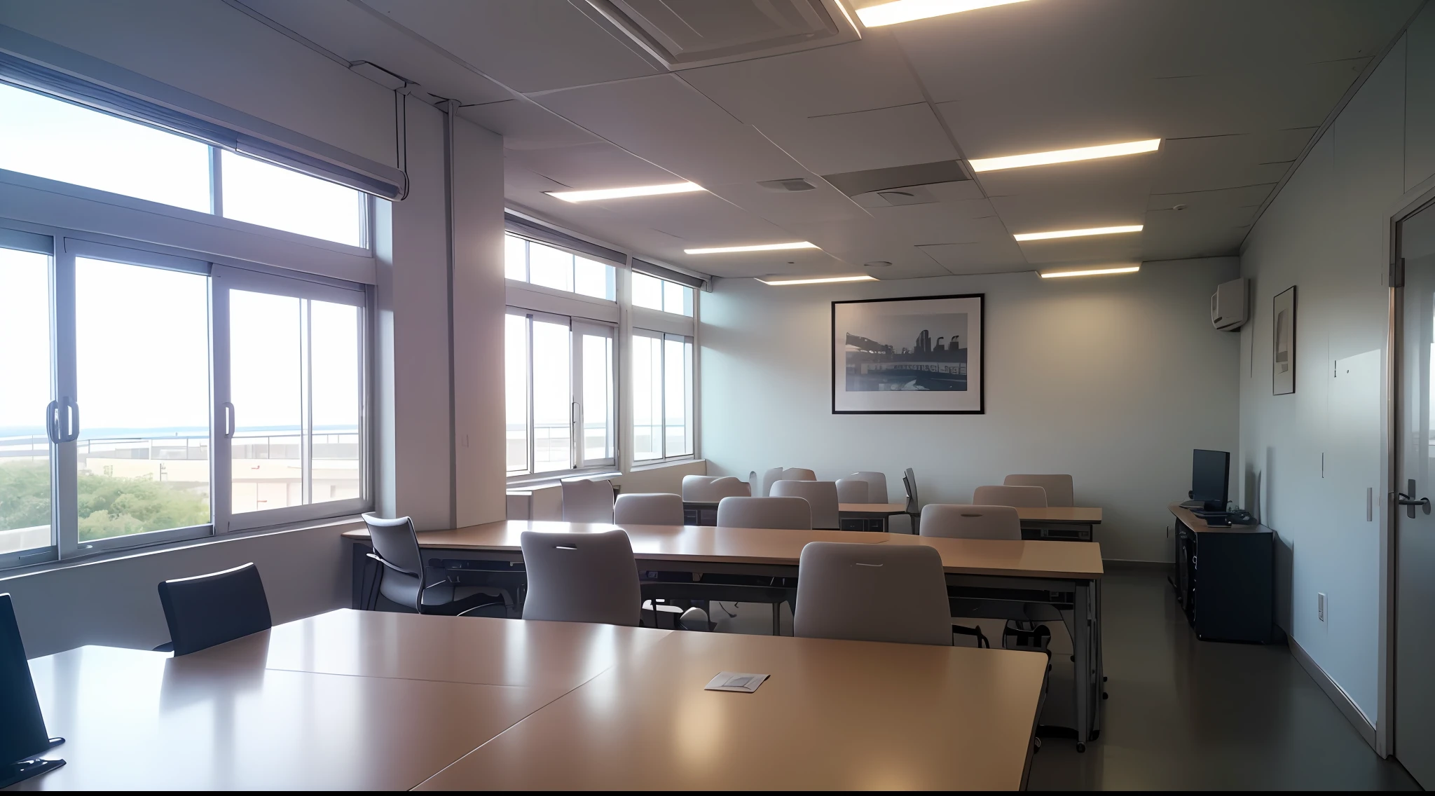 (8k, foto RAW, melhor qualidade, obra-prima: 2.5), (realista, foto-realista: 2.5), ultra-detalhado, ultra alta res, A beautiful and wide office with people working, moderamente iluminado