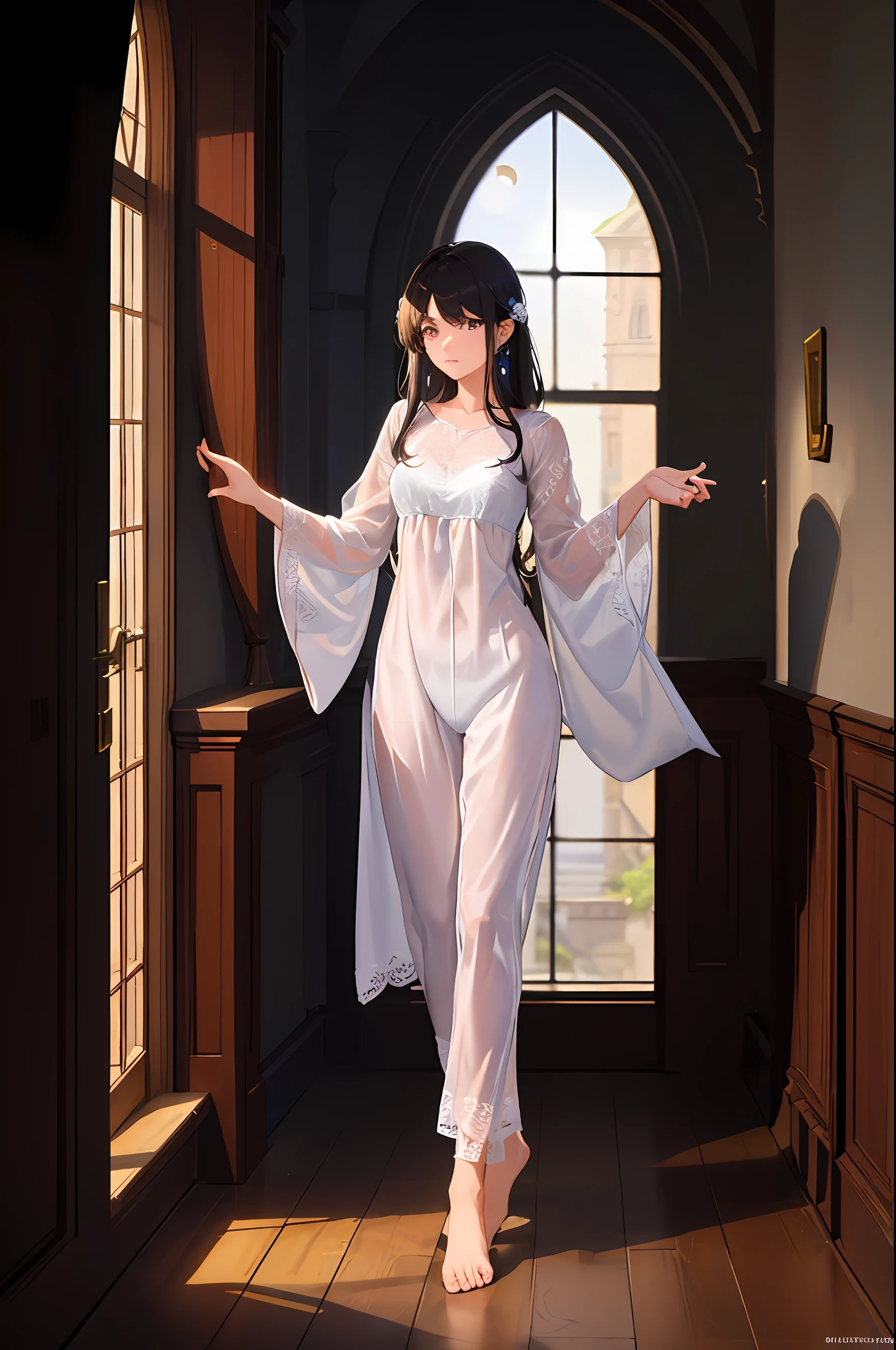 In the old castle,A beautiful lady sitting by the window,Looking out the window at the poignant moonlight,Her body proportions are impeccable,Tears welled up in the corners of his eyes,Wear transparent pajamas,She looks clear,Perfect finger proportions