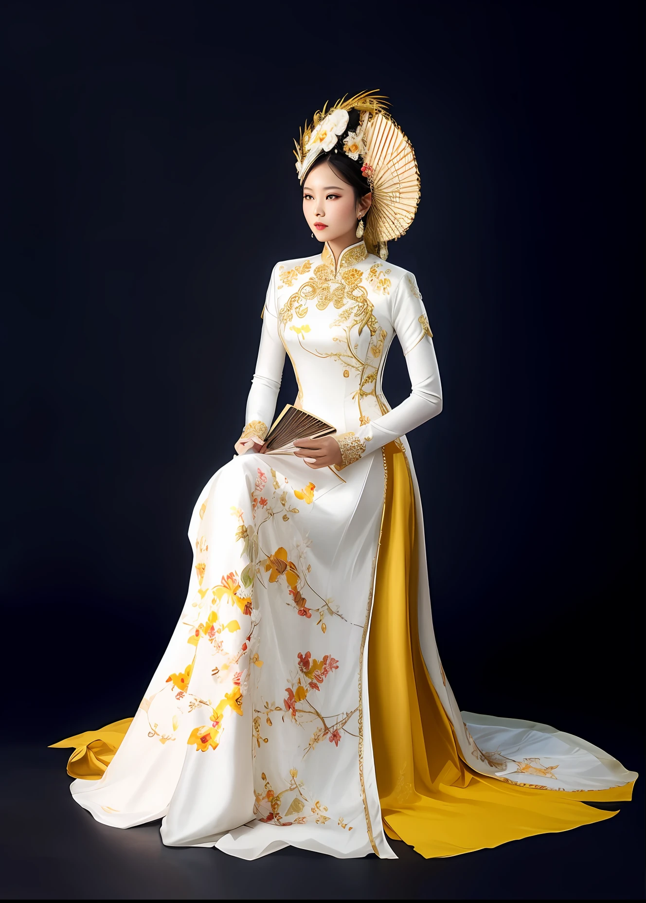 arafed asian woman in traditional dress holding a fan, traditional Vietnamese clothing, wearing ancient Vietnamese clothes, palace , Vietnamese empress, wearing ornate silk clothes, with acient Vietnamese clothes, Vietnamese costume, Ao Dai, Long dress, ancient Vietnamese princess, 16k, HDR