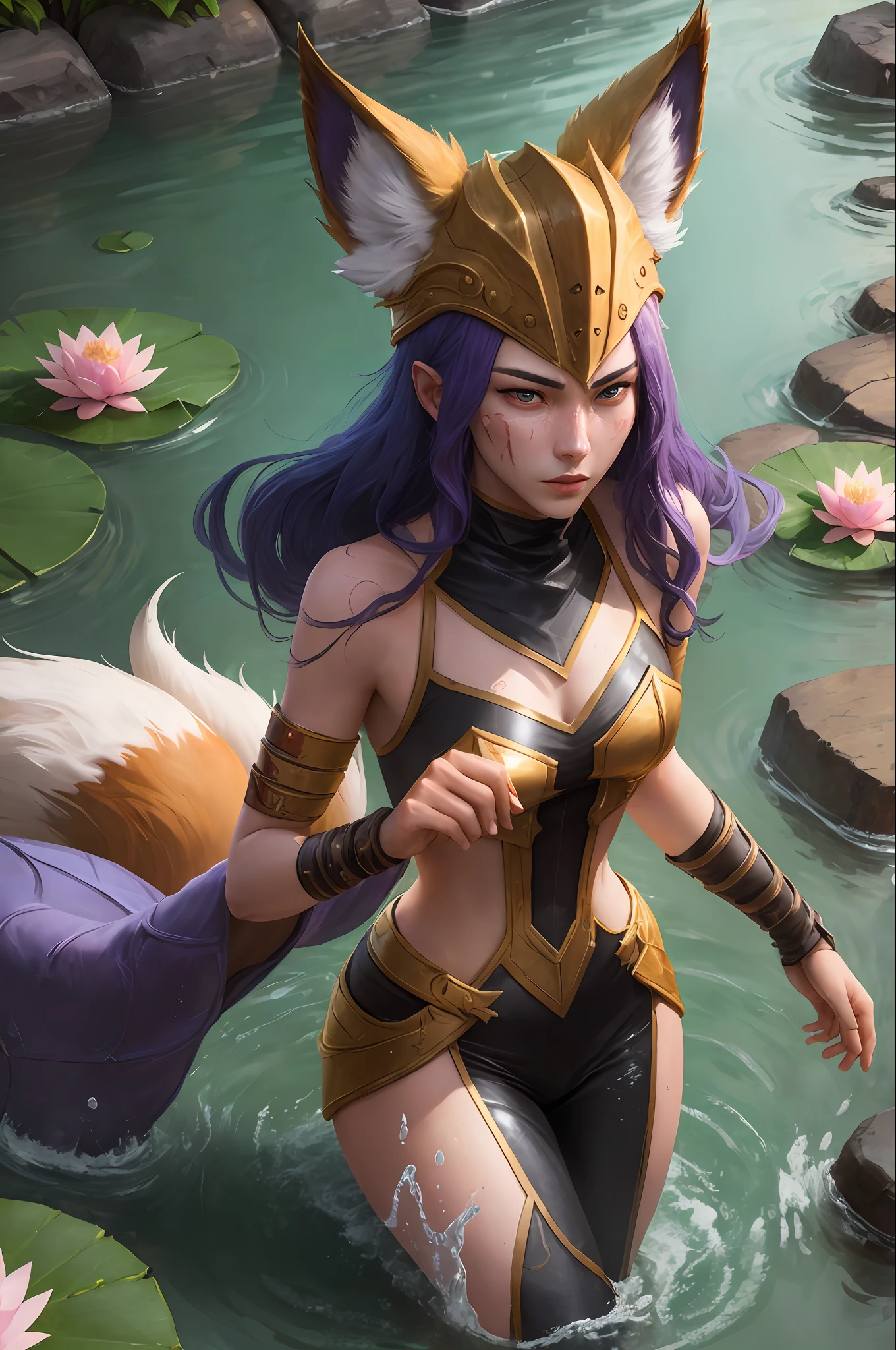 The character Lax, a character in League of Legends, lies on the river in the clothes of the Soul Lotus Fox, drenched and clear