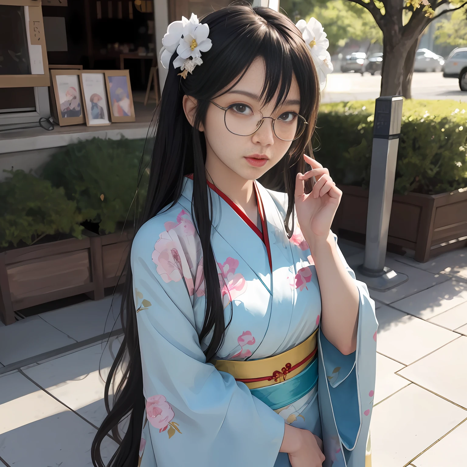 there is a woman in a kimono outfit posing for a picture, Anime girl in real life, Anime girl cosplay, Anime cosplay, With glasses, Anime style mixed with Fujifilm, professional cosplay, cosplay foto, Beautiful anime girl, realistic cosplay, attractive anime girls, palace ， A girl in Hanfu, Japanese goddess, pretty anime girl, cute anime waifu in a nice dress