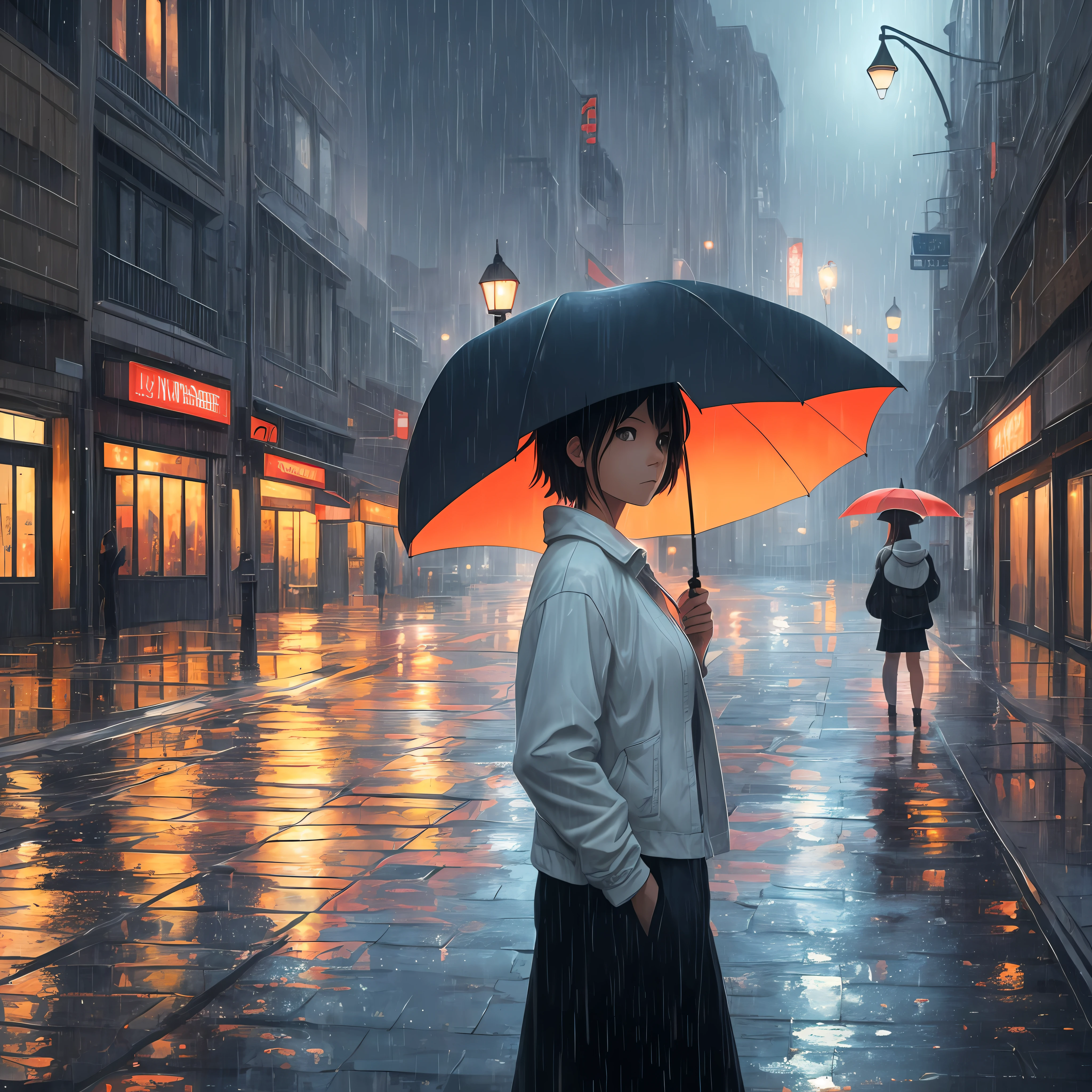 Landscape painting, heavy rain, vinyl umbrella, a woman standing in the middle looking into the distance, late night, street lights, illustrations like Makoto Shinkai, high resolution --auto --s2