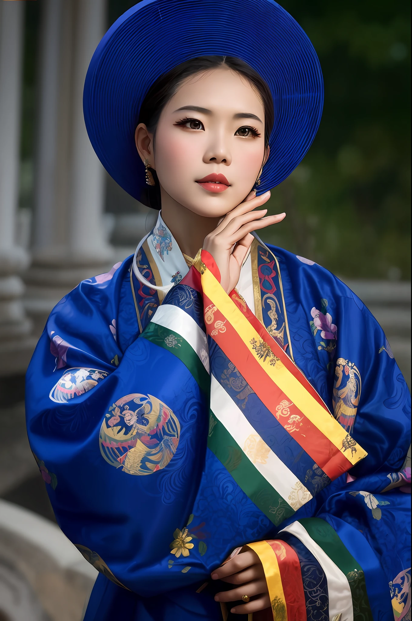 arafed asian woman in traditional dress holding a fan, traditional Vietnamese clothing, wearing ancient Vietnamese clothes, palace , Vietnamese empress, wearing ornate silk clothes, with acient Vietnamese clothes, Vietnamese costume, Nguyen dynasty, ancient Vietnamese princess, 16k, HDR