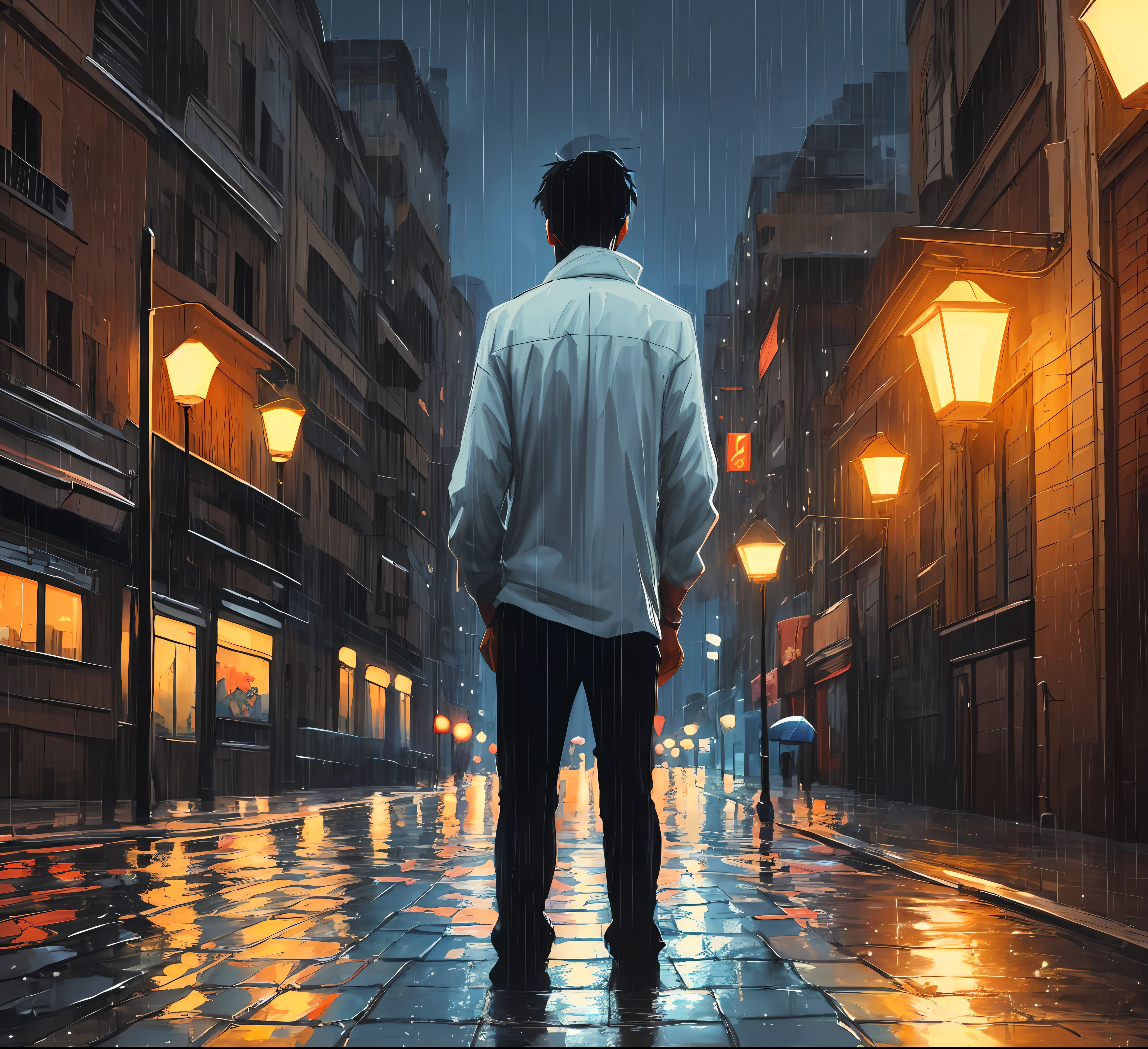 Landscape painting, heavy rain, getting wet a man standing in the middle looking into the distance, late at night, street lights, illustrations like Makoto Shinkai, high resolution --auto --s2