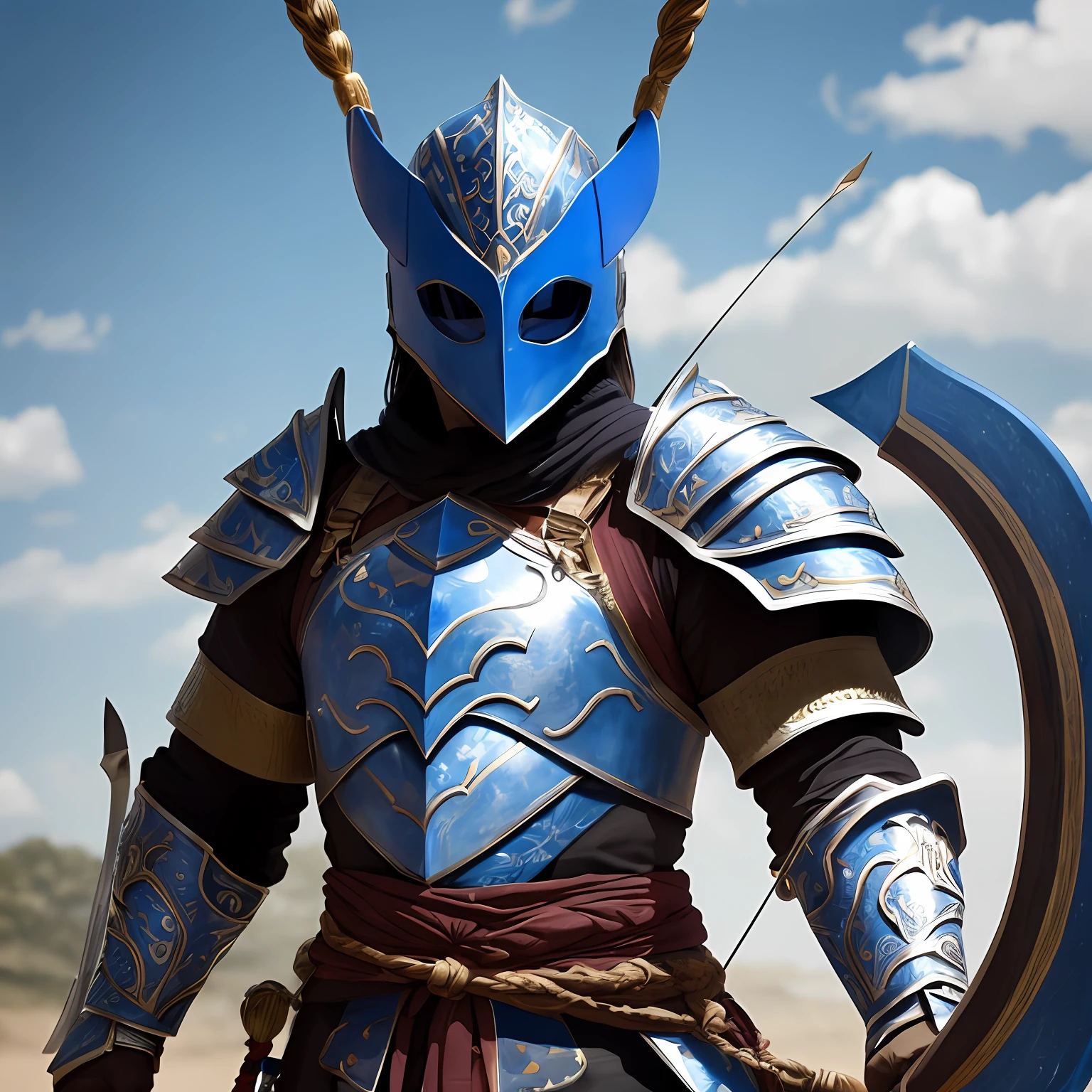 A man wearing blue armor and a blue mask,The mask covered his eyes,The silver pattern on the armor is silently displayed。He held a long bow and arrow,It is about 3 meters long --auto