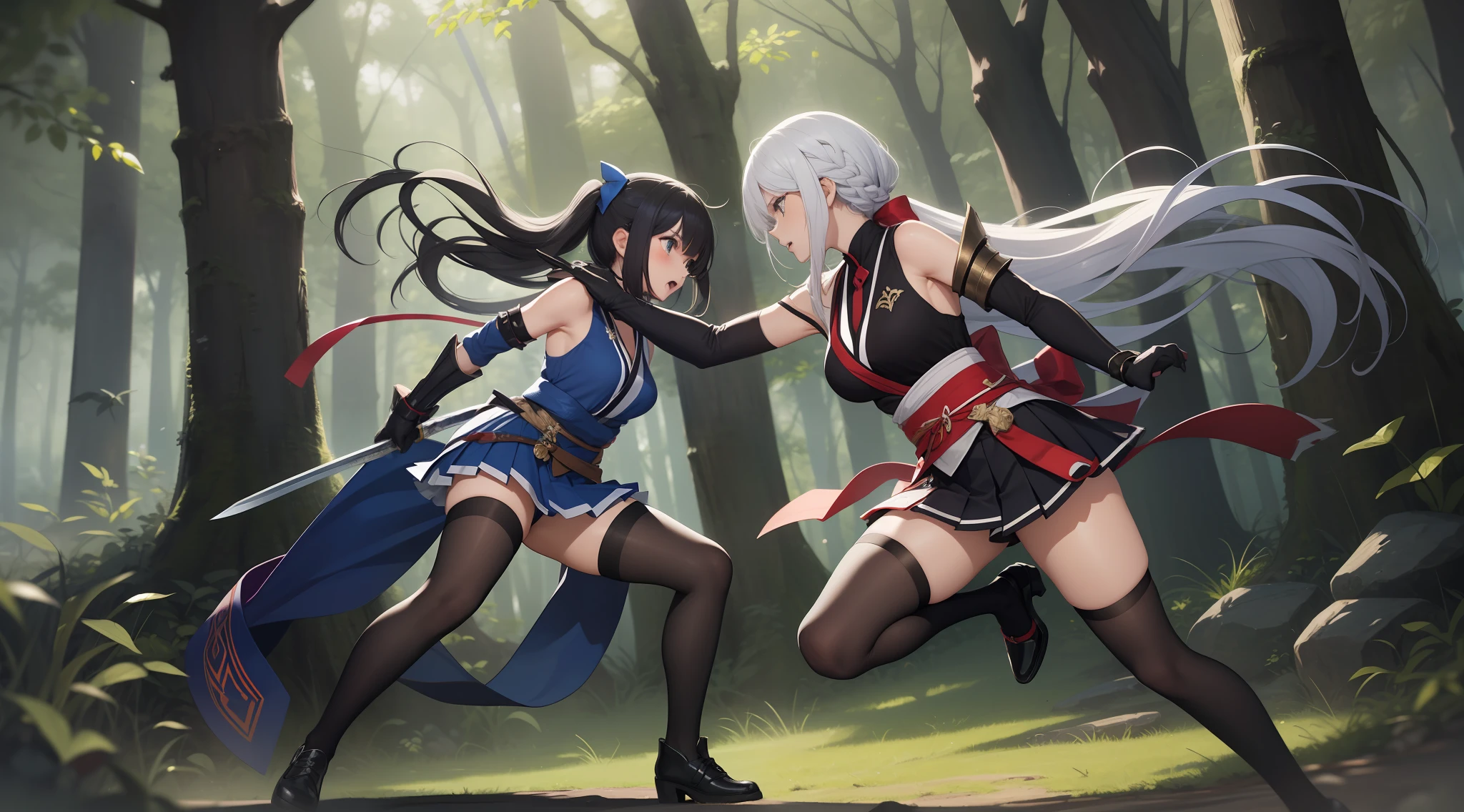 Full body shot of fighting between two female sword warrior, 1 versus 1. They are fighting in a fierce duel sword match, with serious expression. They have long loose hairstyle, small thighs and slender legs. They are wearing different color of sleeveless sword maiden armor, with black thin long elbow gloves, and obi tied on their back hip, and short pleated skirt. Both of them are wearing black thigh highs and black shoes. Background set in a lush forest.