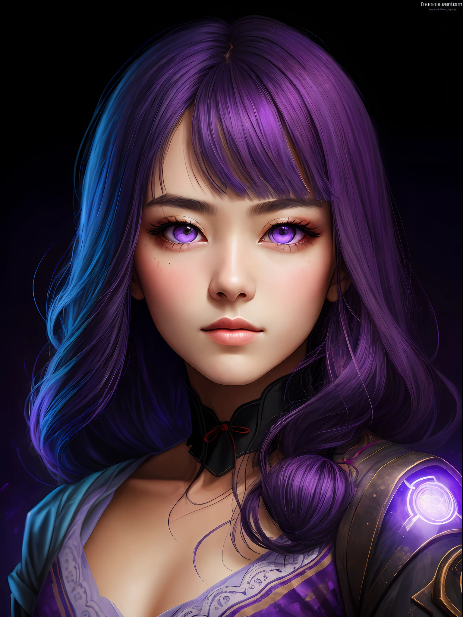 Raiden Shougn, oil painting by Leonardo da Vinci, realistic photography, closeup face with purple hair, her eyes are sweet and vibrant, her face is symmetrical, silky peach skin, soft torch luminosity on the face by REMBRADT, Adobe Illustration, Trending on Artstation, 8K, hd, cinematic, masterpiece, magnificent art, best quality, purple eyes , glowing eyes, purple lighting background