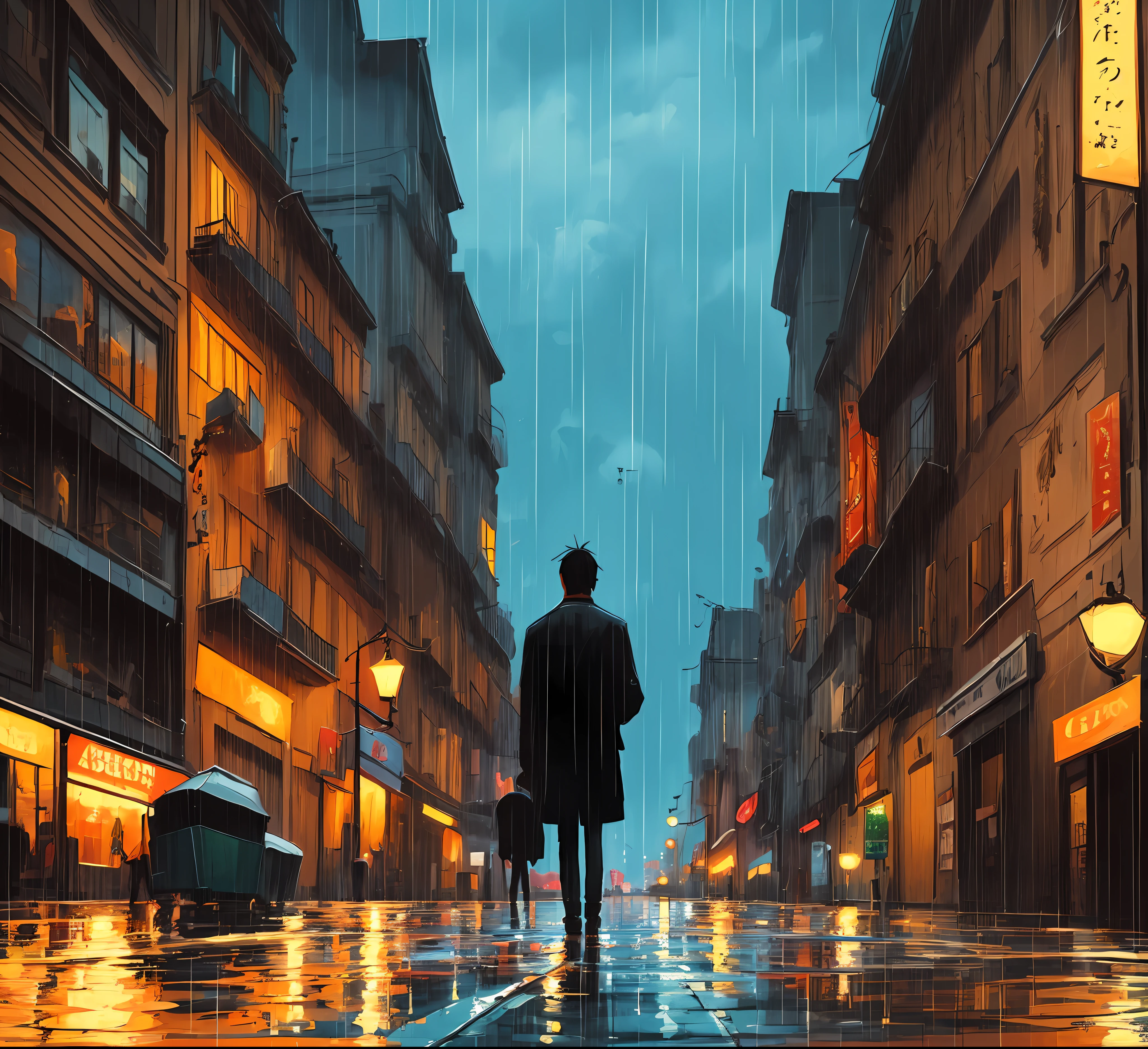 Landscape painting, heavy rain, getting wet a man standing in the middle looking into the distance, late at night, street lights, illustrations like Makoto Shinkai, high resolution --auto --s2