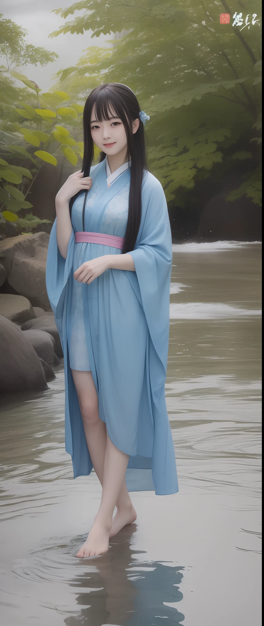 ((4k,masterpiece,best quality)), shuimobysim, traditional chinese ink painting, lotus, hanfu, maxiskit, dress conservatively 1girl, solo, long blue hair, smile, standing, feet in the water, barefoot,