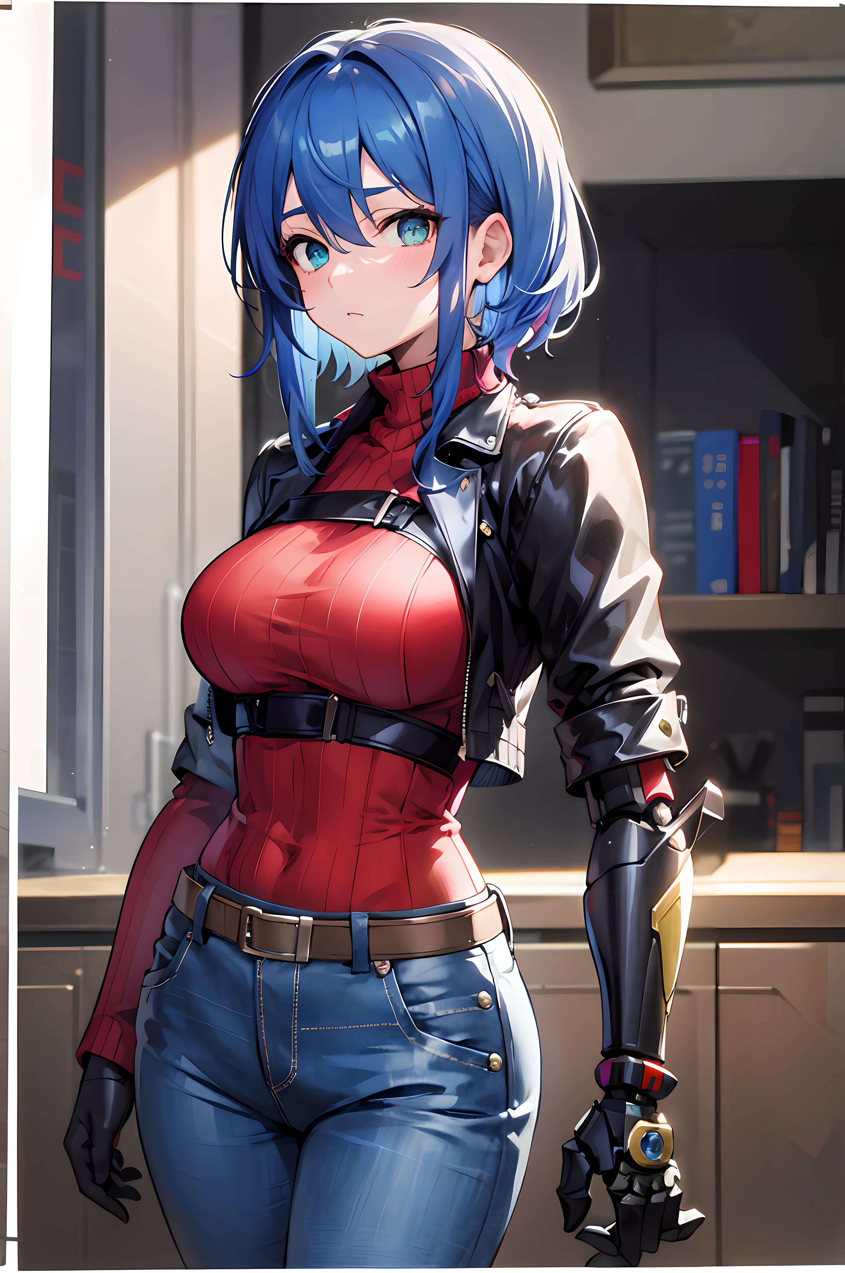 tmasterpiece,high high quality,1girll,solo,mideum breasts,Short blue hair,greeneyes,(hair between eye),(00BFFE sprite scissors),Left arm,Left-handed robotic arm,Disappointed face,(Black jacke,Black cropped flared jeans,Leather blazer)