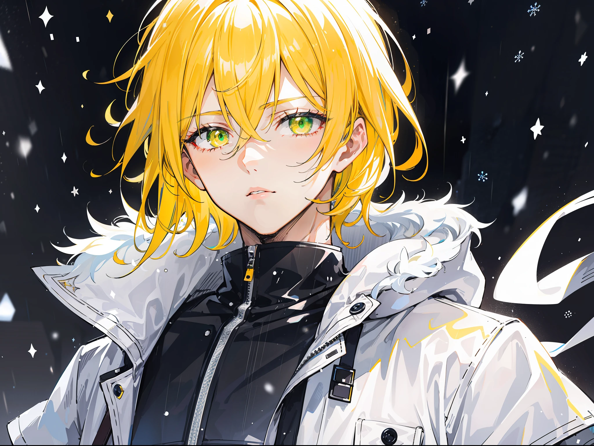 "Calm raining snow atmosphere, stunning 4k artwork featuring a confident handsome mature man with short modern style center split glowing yellow hair. His eyes glowing green. he was wearing a white snow modern coat and gloves, portrait"