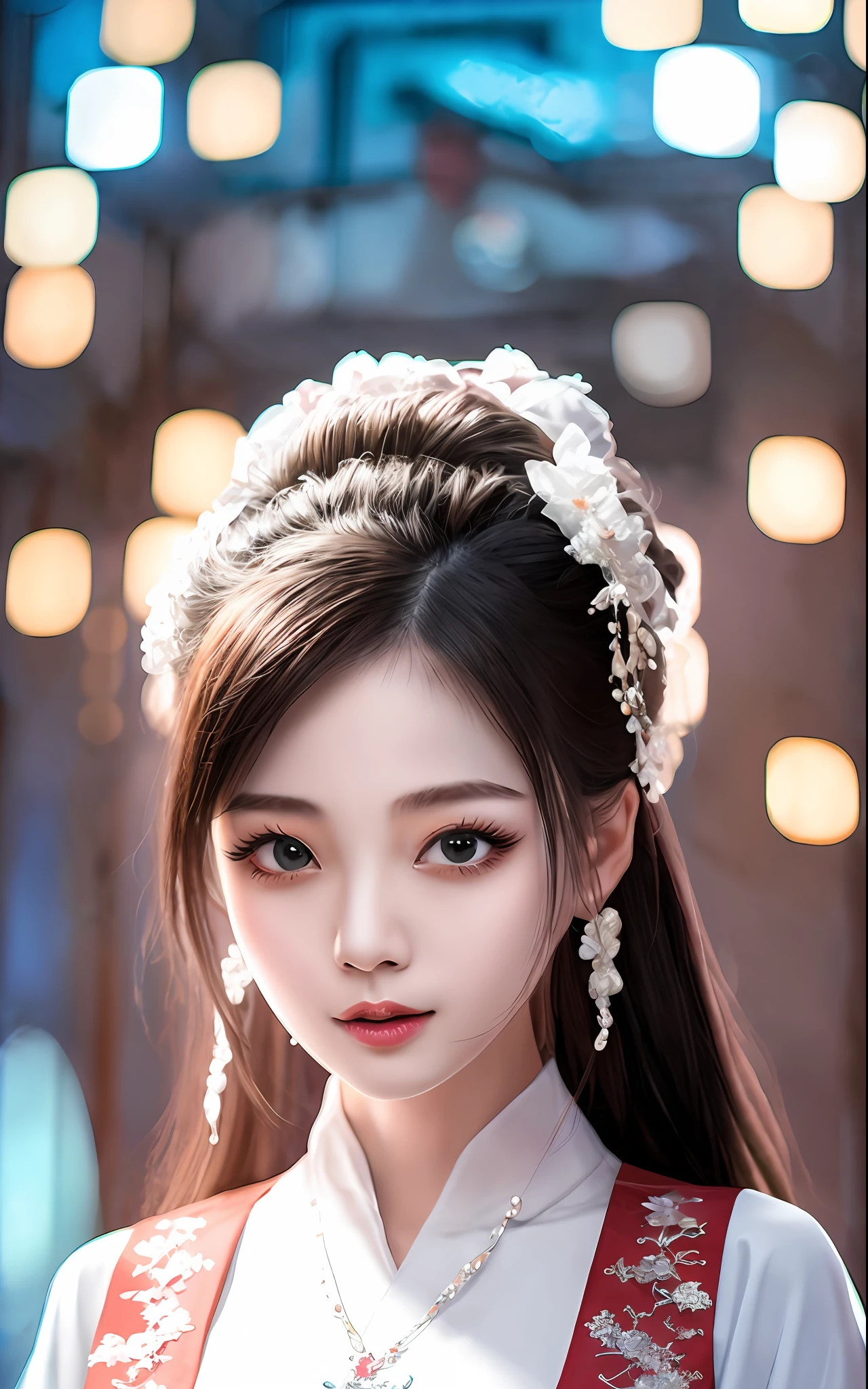 hbest quality,Masterpiece level martial arts style 1girl,Pretty face,With a flattering smile,Star-shaped pupils shine,Wearing exquisite Hanfu,He wears a sumptuous hair ornament on his head、Necklaces and jewelry,The details are heartwarming(highdetailskin:1.2);Photo from her upon_body to go,After the treatment of the Tyndall effect,Realistic display of beauty,The Dark Studio offers eye-catching edge lighting and two-tone lighting,Digital SLR camera is adopted、gentle illumination、Volumetriclighting,8k ultra high definition、High-quality materials make photos come alive and realistic,Present high resolution、4k、8k、Effects such as bokeh,More high quality。