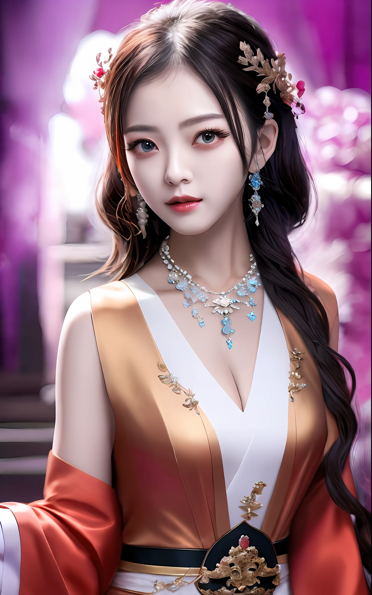 hbest quality，Masterpiece level martial arts style 1girl，Pretty face，With a flattering smile，Star-shaped pupils shine，Wearing exquisite Hanfu，He wears a sumptuous hair ornament on his head、Necklaces and jewelry，The details are heartwarming（highdetailskin：1.2）；Photo from her upon_body to go，After the treatment of the Tyndall effect，Realistic display of beauty，The Dark Studio offers eye-catching edge lighting and two-tone lighting，Digital SLR camera is adopted、gentle illumination、Volumetriclighting，8k ultra high definition、High-quality materials make photos come alive and realistic，Present high resolution、4k、8k、Effects such as bokeh，More high quality。