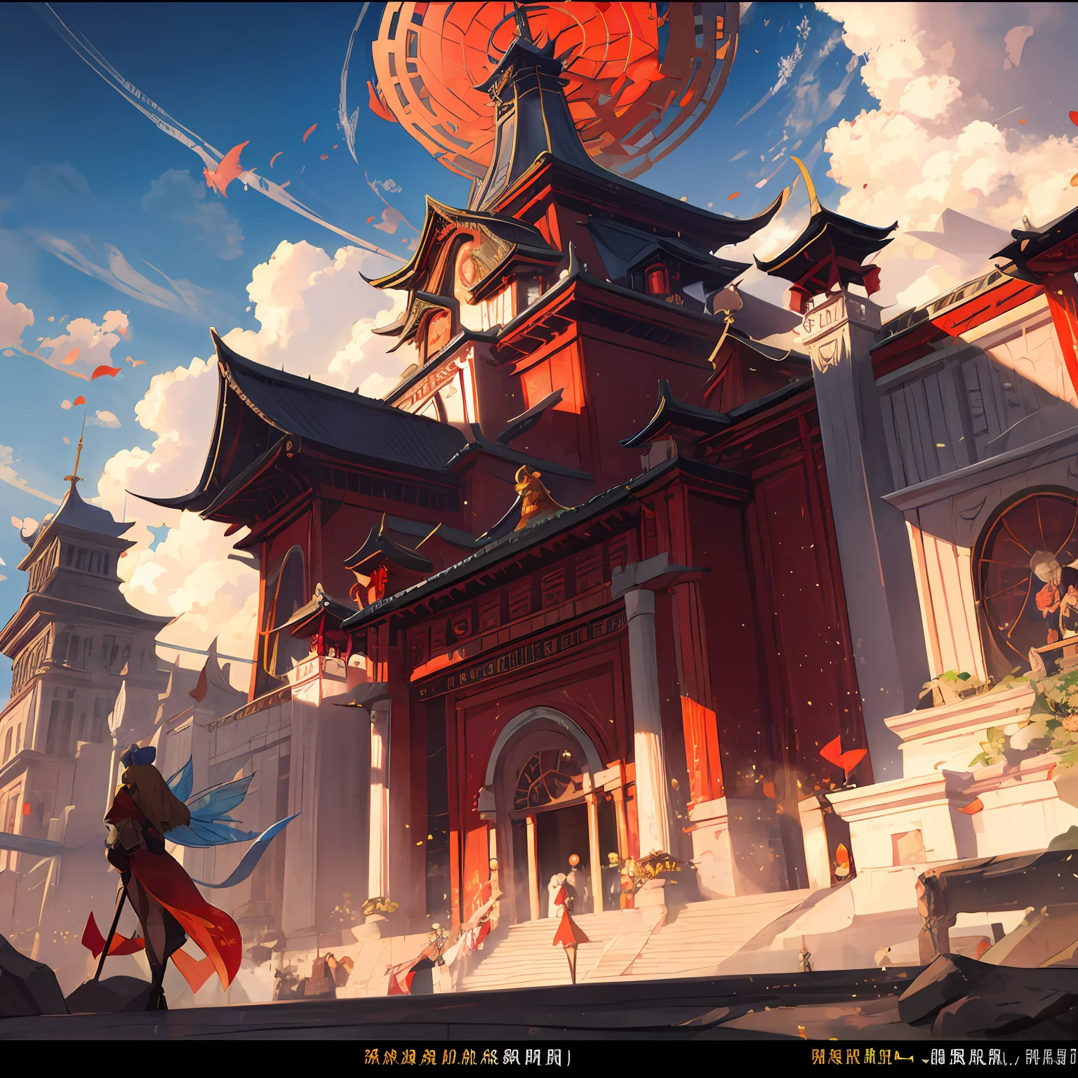Ancient Chinese fairy,holy,red colors,stately,illustrious,clouds,flight --auto