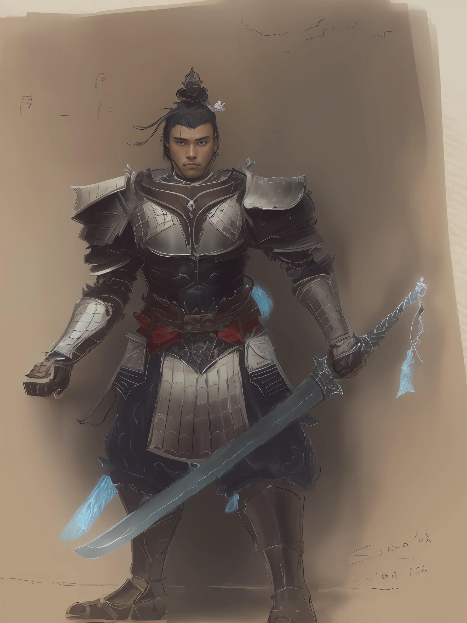Drawing of a man in armor, holding a sword, concept art of a warrior, picture of an adult male warrior, inspired by Fan Kuan, inspired by Li Kan, detailed woodcut armor, in detail, but rude, complex fantasy character, old artbook, armoured warrior, armoured warrior, inspired by Li Gonglin, male warrior, chinese warrior, intricate detailed armour