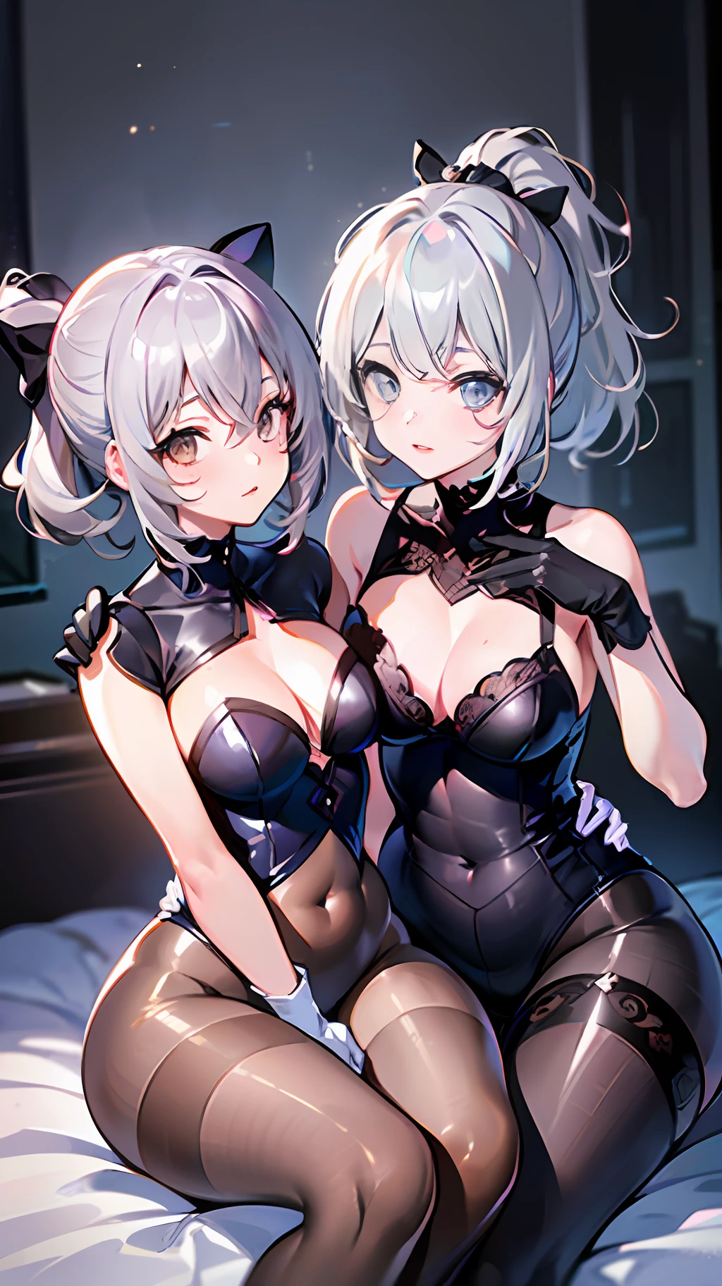 (((2 girls)), ray tracing, (dim light), [detailedbackground (bedroom))), ((silver hair))), ((silver hair)), ((((((girl with shaggy silver hair, plump and slim)) with a high ponytail))) avoid their golden eyes in the ominous bedroom (((the girls wear intricate embroidered black high-waisted pants with pantyhose and white ruffled bow gloves)) , because the girls sit together and touch each other very closely to show off their delicate slim figure and beautiful curves, correct limbs