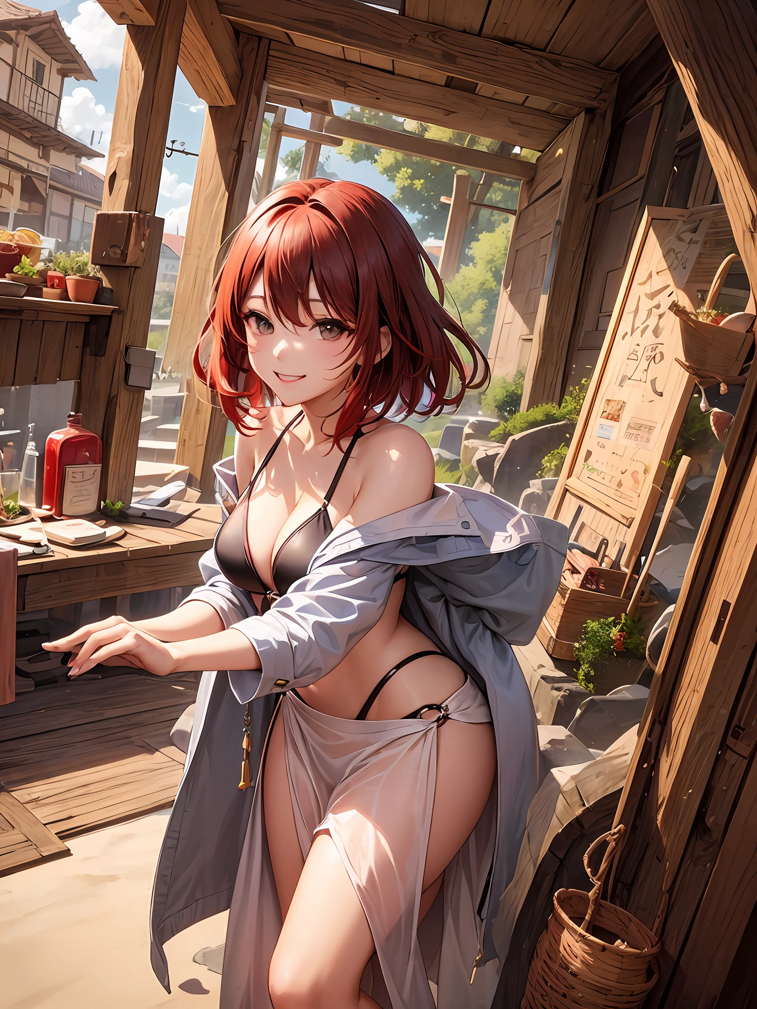 Short middle hair、Innovative shiny red hair、Red hair with beautiful cuticles、Beautiful red hair with a division of the center、The scalp is white and beautiful、Too beautiful red hair、Sexy beautiful red hair、Beautiful red hair that you want to touch、Sexy red hair with glowing cuticles、Glossy and glossy red hair、Depiction of the scalp of the parting is white and naturally glowing、Super beautiful hair、beste-Qualit、hight resolution、masterpiece、8K、An idol with a nice smile、She has a lovely smile、A smile that tells you you're having fun、A smile that tells you you're happy、A smile that makes you happy here too、sexy smiling、A smile that makes you want to hug、Delicate pattern、Delicate design、Delicate wrinkles、Luxury Silk、Penetration of female genitalia、fissure、Indented pants、