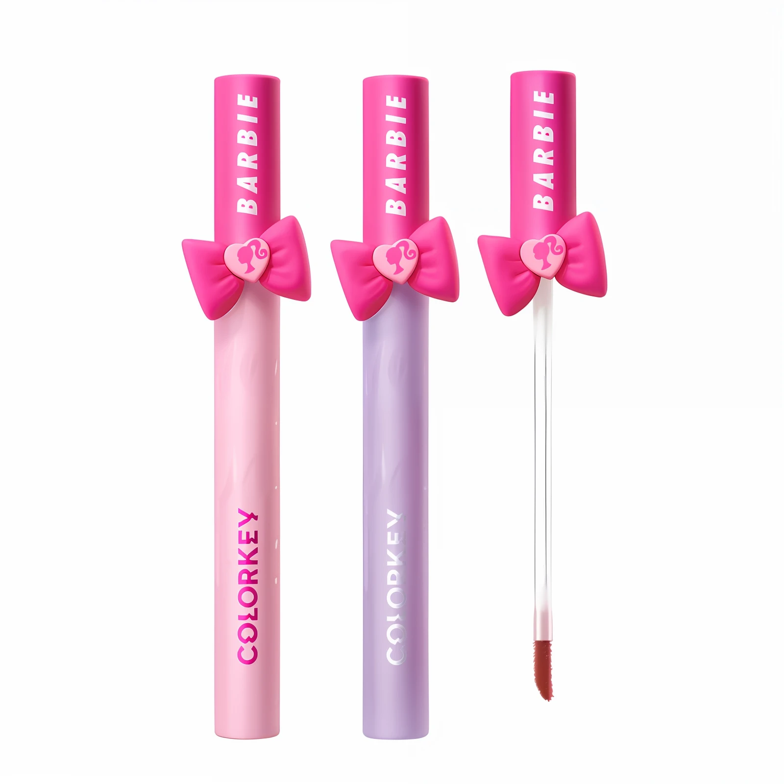 Two lip gloss，There is a bow on it, Gloss on lips, The sheen, enjoyable, lipstick, makeup, Essence, Glossy, popular korean makeup, Barbie, Popular Korean makeup, Cheeks, glossy finish, Glossy lips, detailled image, detail shots, close look, By Disney, medium close up shot, 3 pcs, bowknot