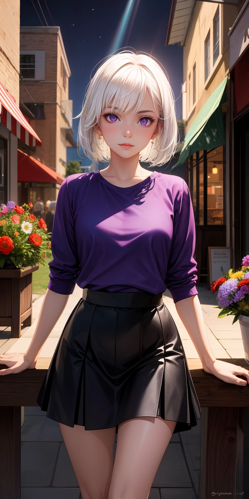 realisticlying,1girl,White hair,Purple eye,glowing light eyes,Cut the top,a skirt,Parting lips,Be red in the face,the night,fresh flowers,suns,rays of sunshine,In front of the coffee shop
