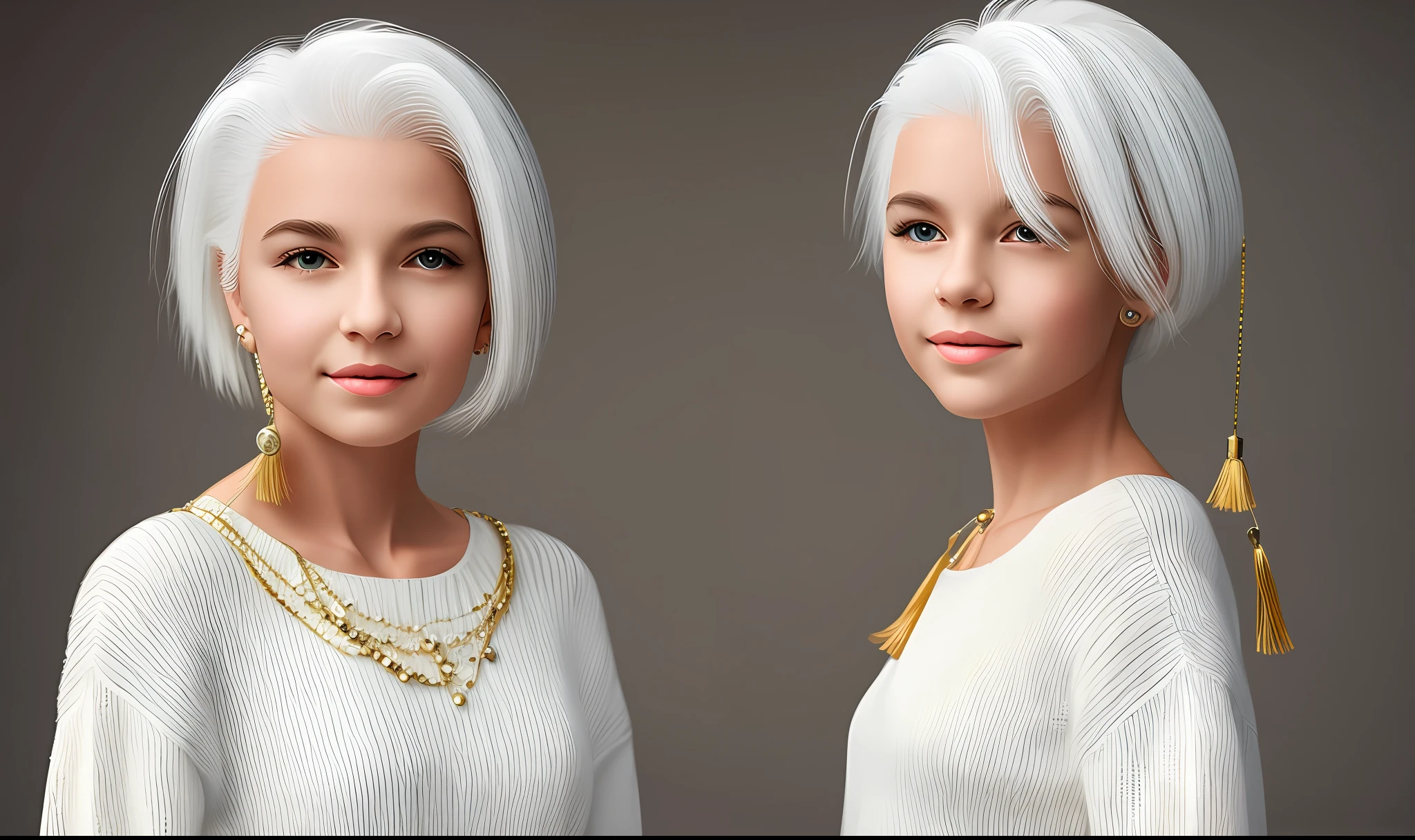 Superb masterpiece hyperrealism young girl white hair white clothes golden tassels