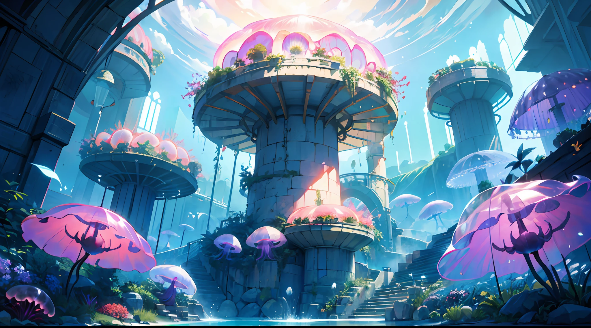 Masterpiece, High Quality, Ocean Forest, City, Fantastic Fantasy, Glowing Plants, Coral Viaduct, (Swarm of Glowing Jellyfish), (Shoal of Fish with Transparent Wings Flying in the Sky), Misty, Extreme Detail, Morning Light, Epic Composition, (Intricate Detail), (Intricate Design, Ultra Detail: 1.2), Art Station, (Masterpiece, Best Quality), Ultra HD, 32k ,castle,1girl