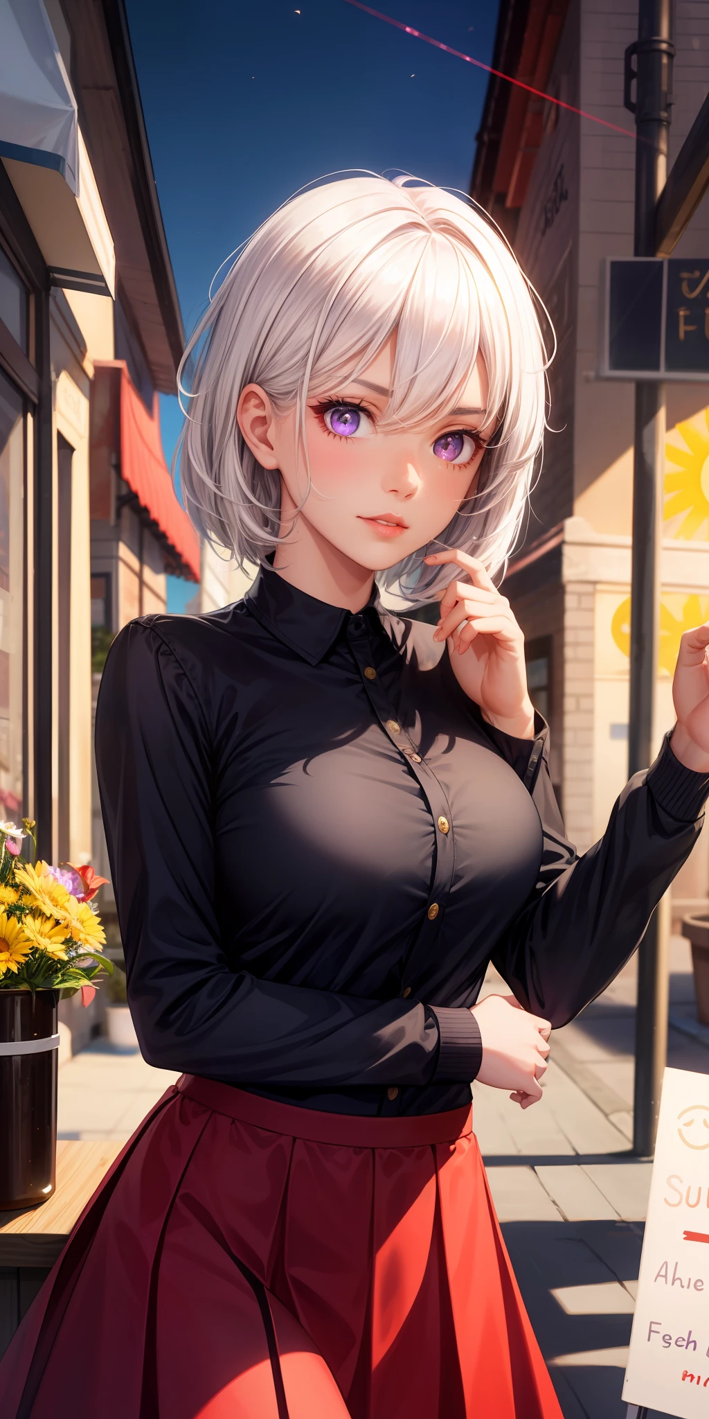 realisticlying,1girl,White hair,Purple eye,glowing light eyes,Cut the top,a skirt,Parting lips,Be red in the face,the night,fresh flowers,suns,rays of sunshine,In front of the coffee shop