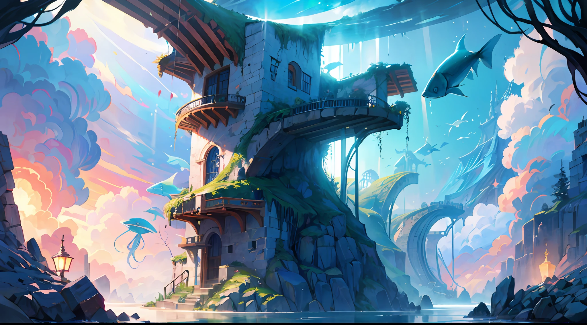 Masterpiece, High Quality, Ocean Forest, City, Fantastic Fantasy, Glowing Plants, Coral Viaduct, (Swarm of Glowing Jellyfish), (Shoal of Fish with Transparent Wings Flying in the Sky), Misty, Extreme Detail, Morning Light, Epic Composition, (Intricate Detail), (Intricate Design, Ultra Detail: 1.2), Art Station, (Masterpiece, Best Quality), Ultra HD, 32k ,castle,1girl