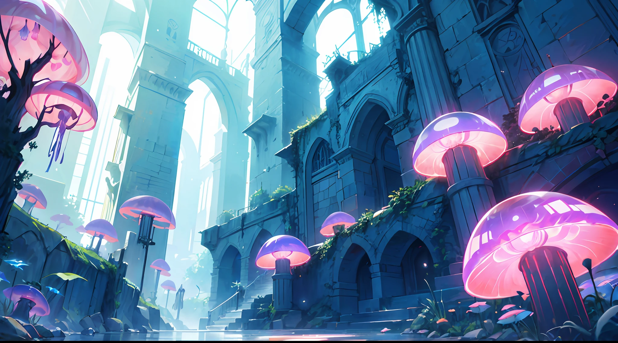Masterpiece, High Quality, Ocean Forest, City, Fantastic Fantasy, Glowing Plants, Coral Viaduct, (Swarm of Glowing Jellyfish), (Shoal of Fish with Transparent Wings Flying in the Sky), Misty, Extreme Detail, Morning Light, Epic Composition, (Intricate Detail), (Intricate Design, Ultra Detail: 1.2), Art Station, (Masterpiece, Best Quality), Ultra HD, 32k ,castle,1girl