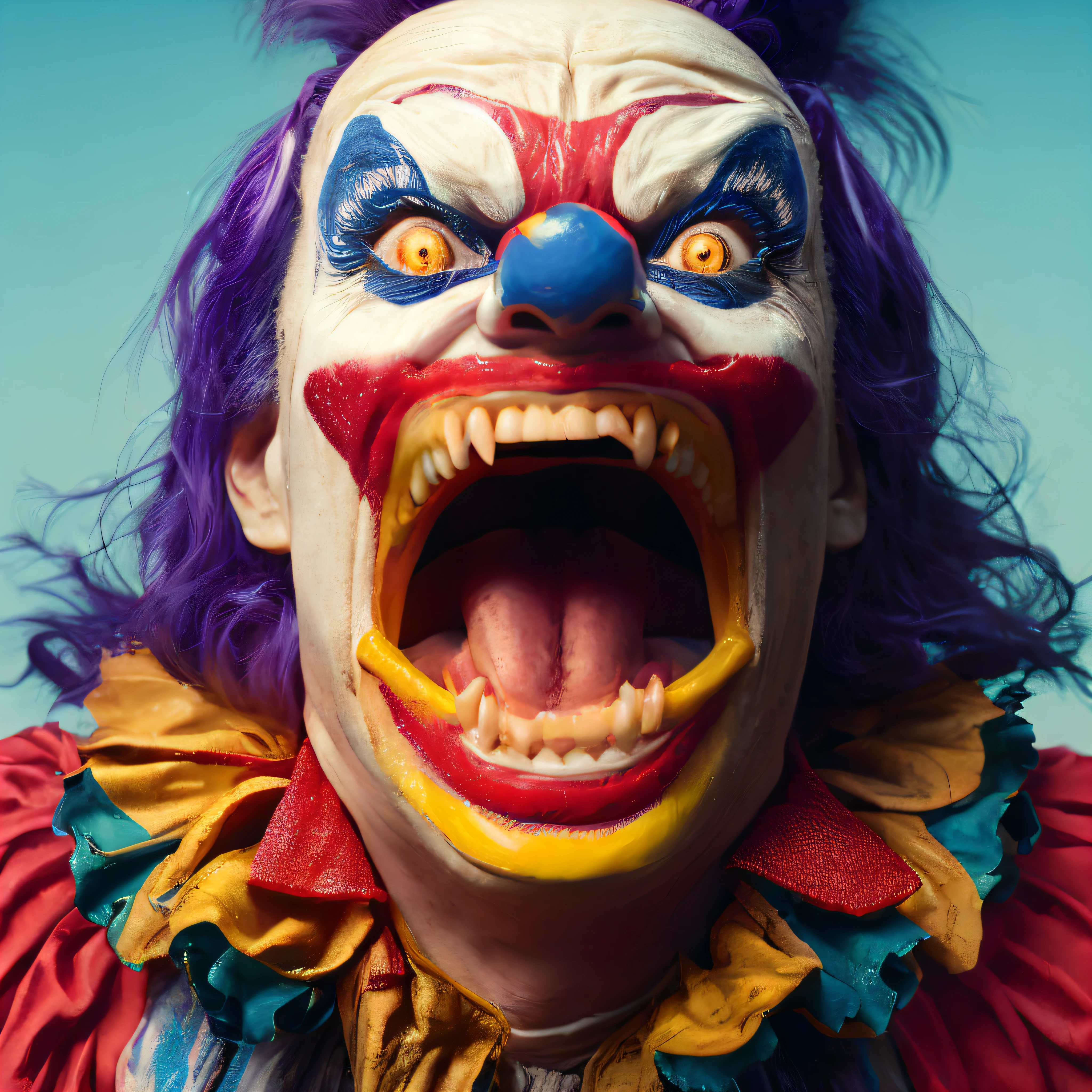 Cackling Madness	 An image capturing an evil clown mid-laughter, their head thrown back, mouth open wide, and eyes filled with madness, intensifying the sense of chaos and malevolence, Ultra realism, color field printing, high detail, UHD, 8k, anatomically correct, cinematic lighting 4d quality --auto