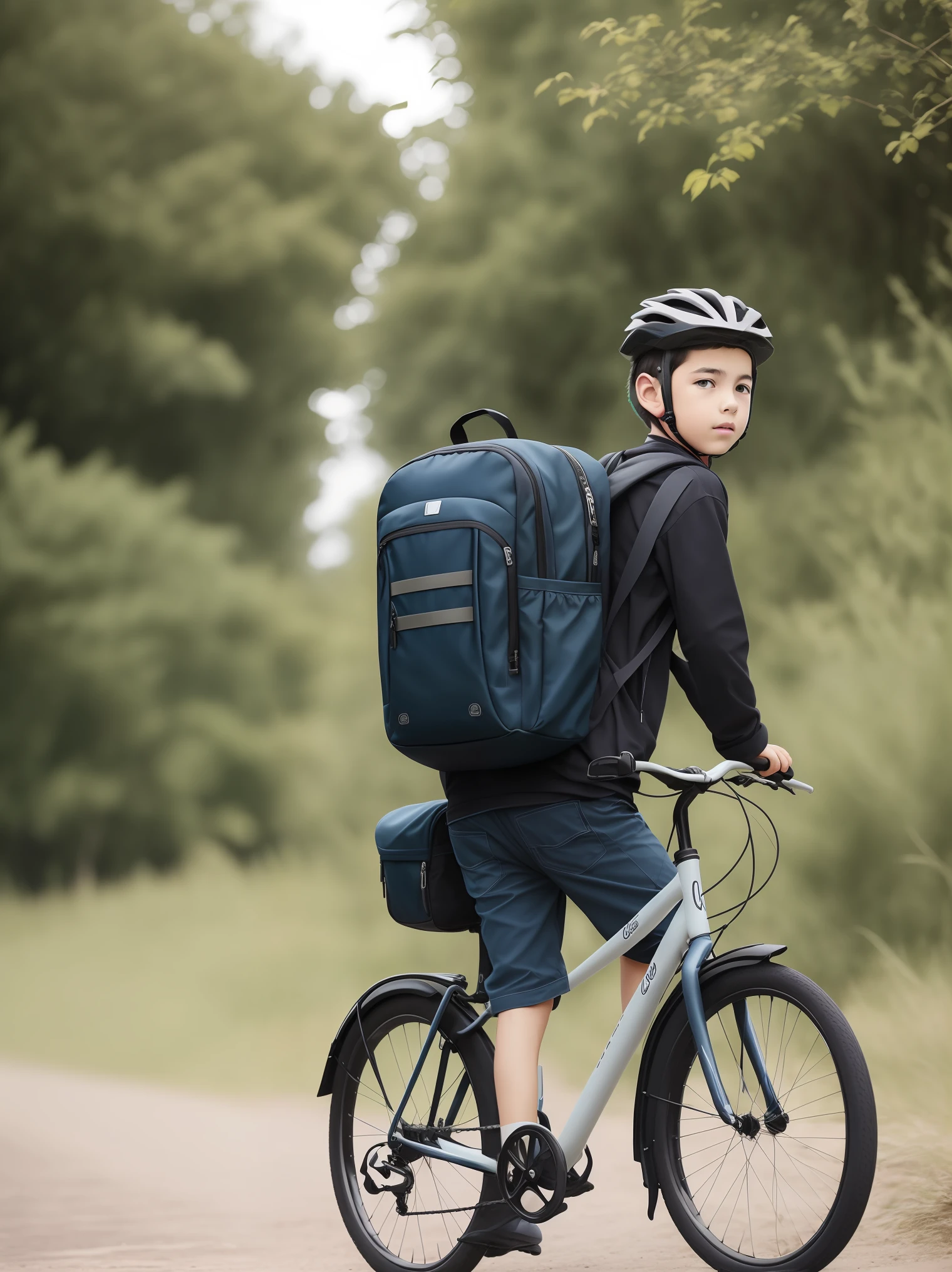 Boy riding bicycle backpack