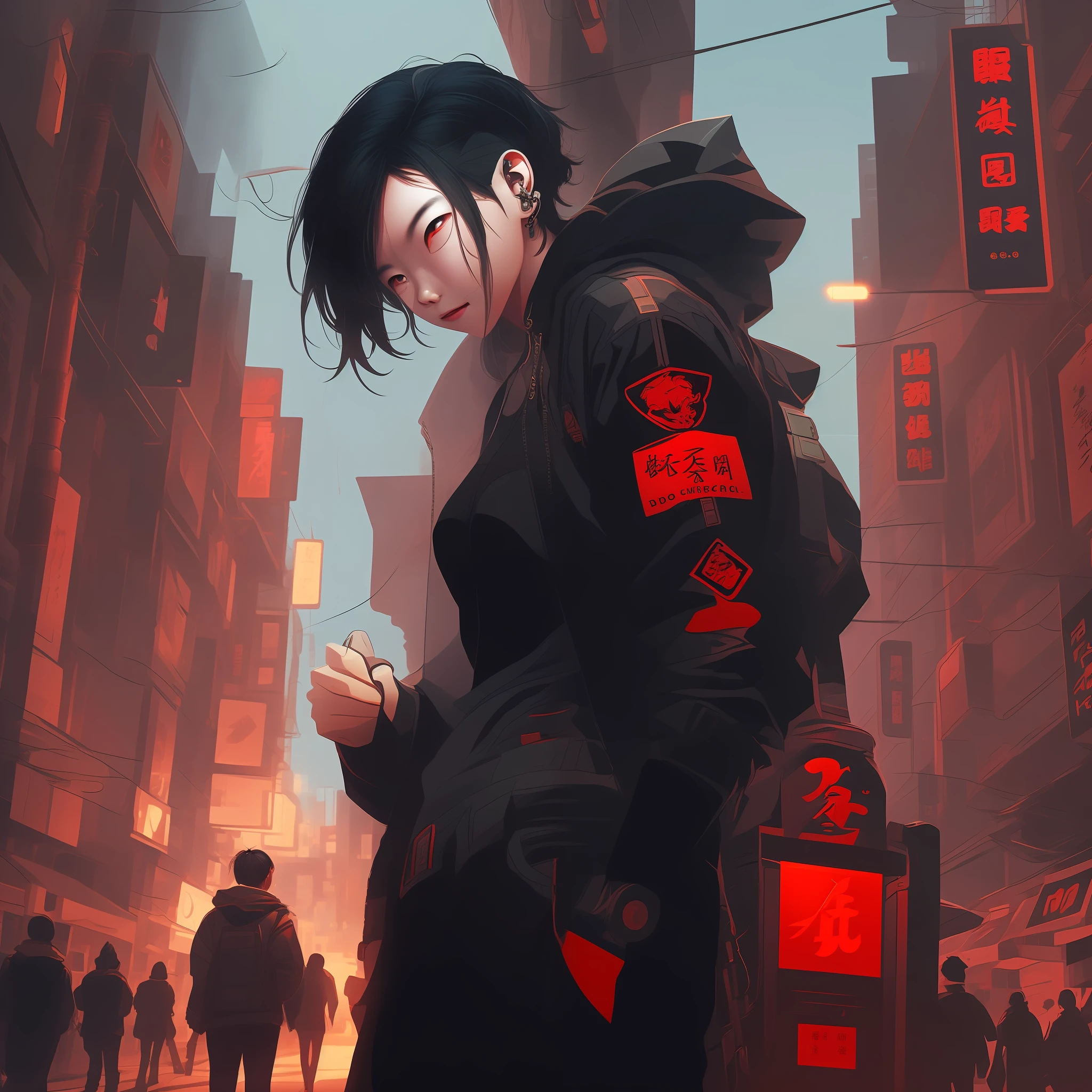 A domineering and fierce Chinese girl with short hair in her ears，Has black hair，Has superpowers，Be in a cyberpunk world