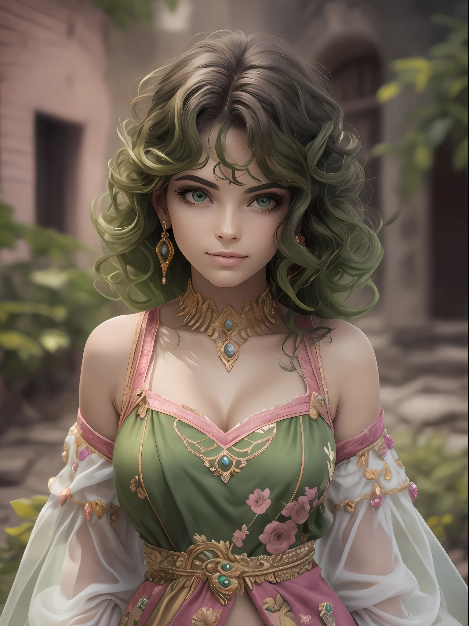 master part, best quality, Rendering job ..3d, Estilo ..3dMM, ..3d, 1mulher, sozinho, cabelos amarelos, Sardas, jewelries, Olhando para os lados, Realistic, Comprimento total, fundo simples claro, franja amarela, Desviando o olhar, medium curly hair, olhos verdes, maquiagem, roupa rosa, sapatos amarelos