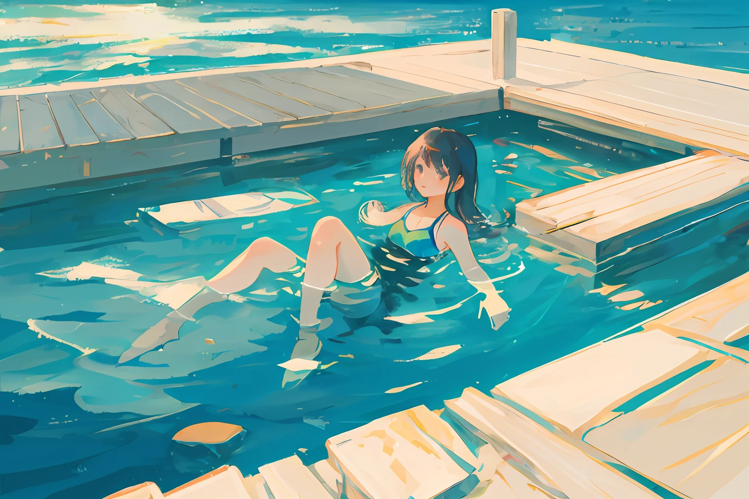A young girl swimming on the surface of the sea