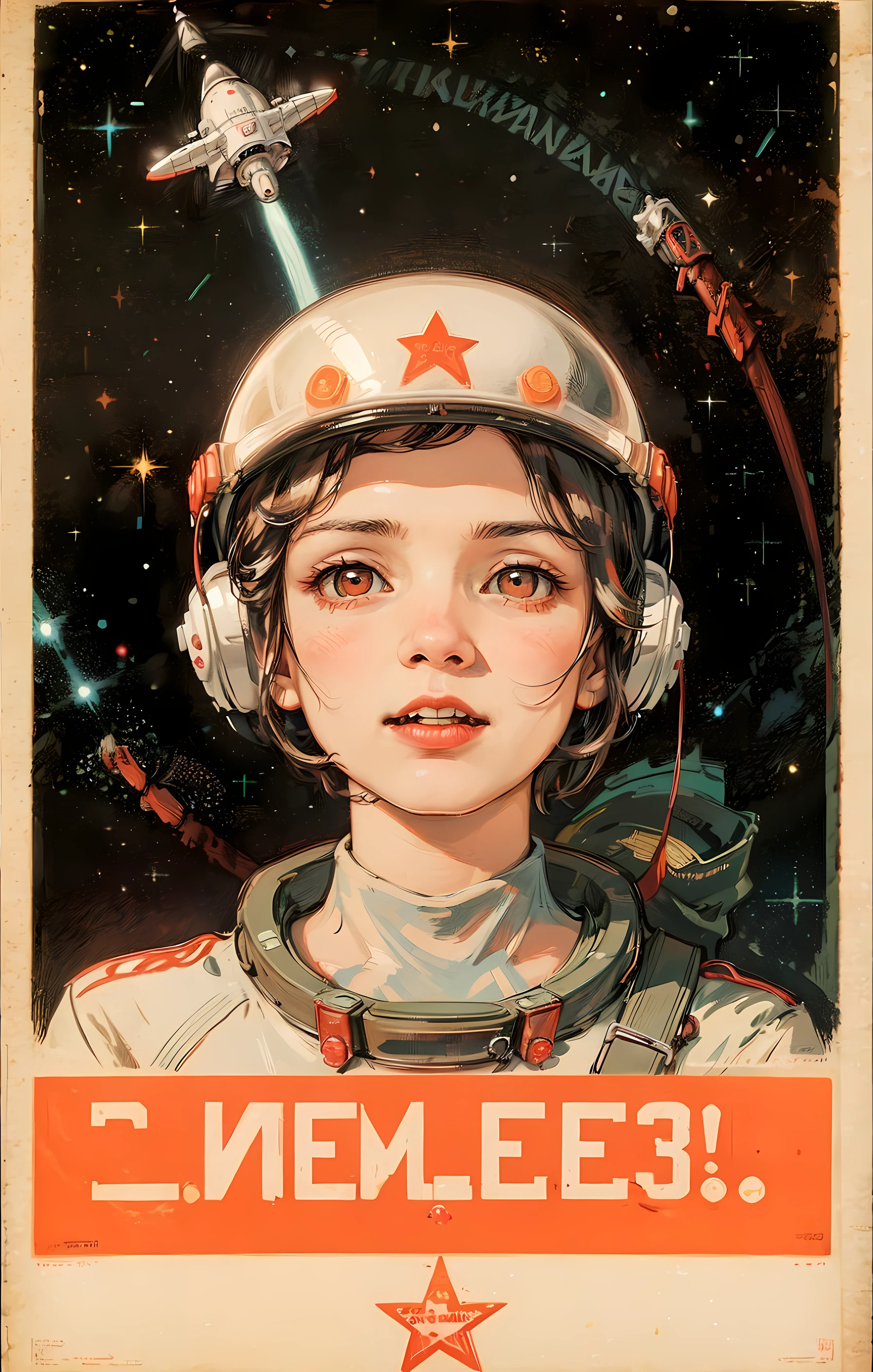 1girl,flat_breasts,cute,beautiful detailed eyes,shiny hair,visible through hair,hairs between eyes, CCCPposter, sovietposter,red monochrome,soviet poster, soviet,communism,
Black_hair,red_eyes,vampire,teenage,poorbreast,Spacesuit:Orange_clothing_body:jumpsuit),white_gloves, white_space shoes, white_helmet, the CCCP red letters on the top of helmet, weightlessness, Side light, reflection, The person in the spacesuit is at the bottom left of the frame, The right hand is outstretched, the right hand gently touches the Salyut space station), Space station in the upper right corner of the screen, Reflected light from the sun, Silver metal,red flag, brilliance,USSR style, diffuse reflection, Metallic texture, The vista is a blue Earth,mecha style,the sea of star,high tone, magnificent