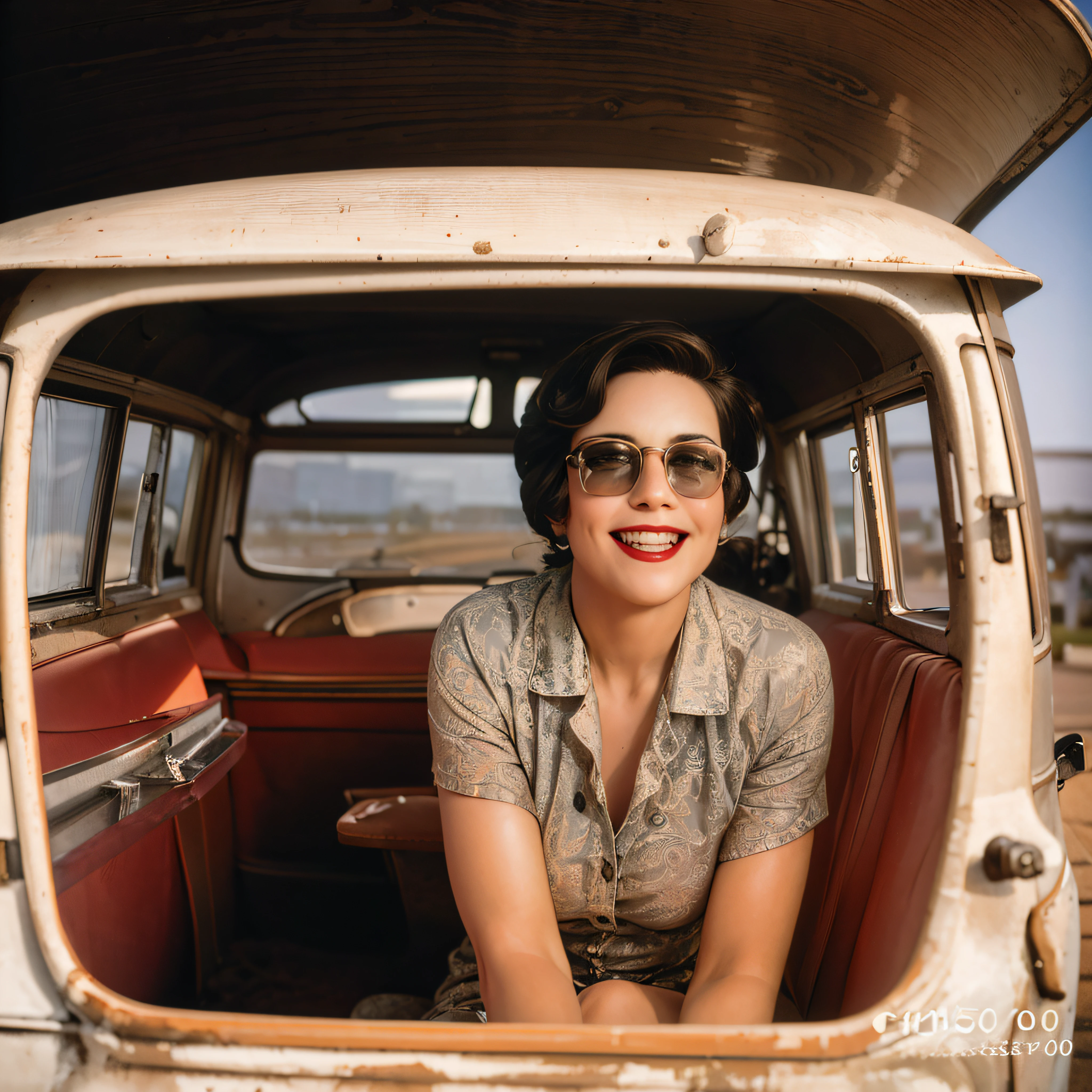 Woman sitting in the back of a car with a smile, 1950s Smile, retro style 5 0 s, vintage color photo, 1 9 5 0 s Turismo de Americana, Director: Henrik Weber, by mads mountain, portrait, Anos Vibes 1950s, Retro photography, 50s style, old color photo, Style 5 0 s