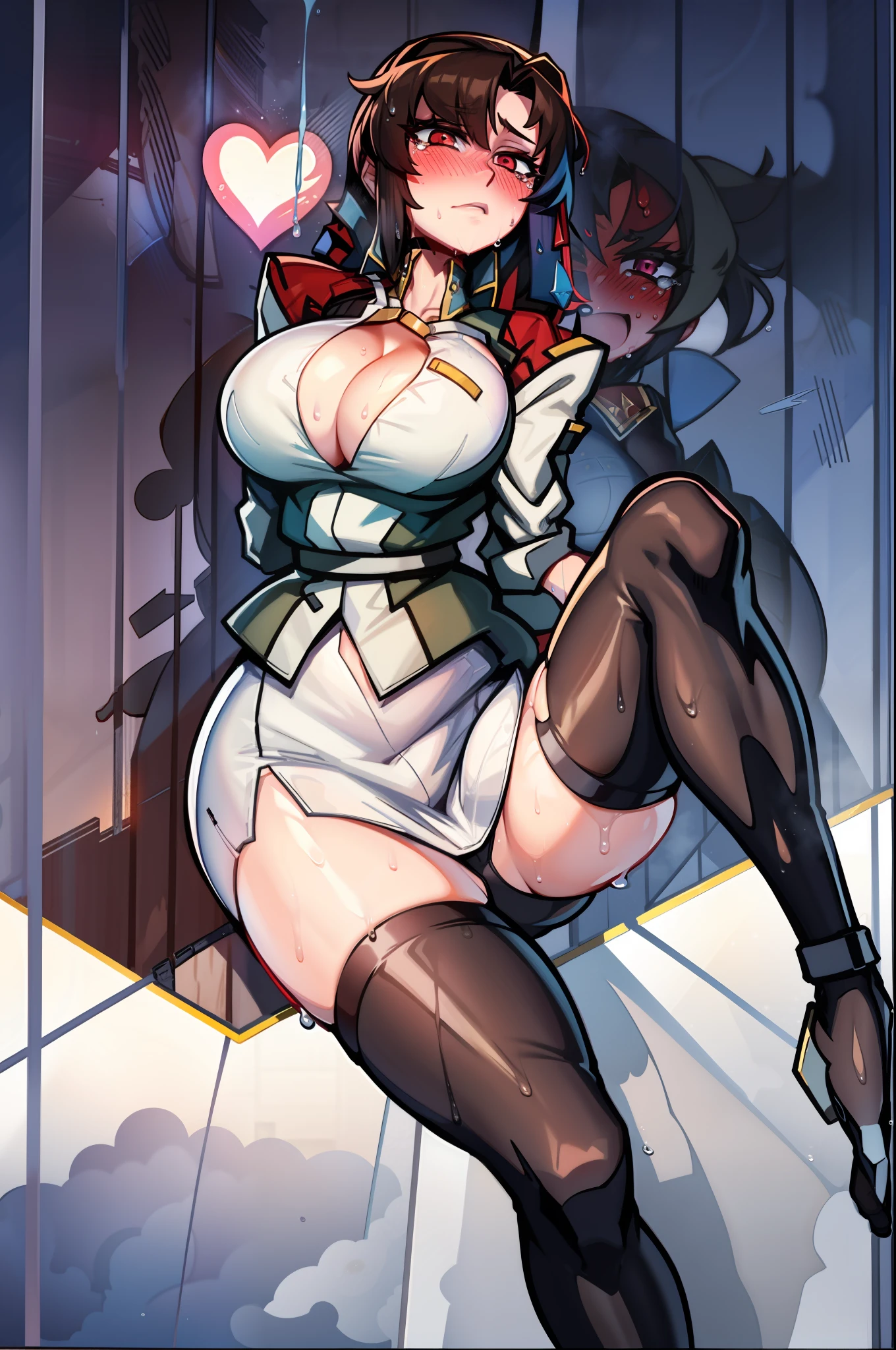 frontage、Super burst breasts、Black stockings、full bodyesbian、a miniskirt、Look at viewers、Deck of the battleship、Tears、red blush、M-shaped legs、White Panties、White military uniform、Black stockings、Wet body、chest、cleavage of the breast、