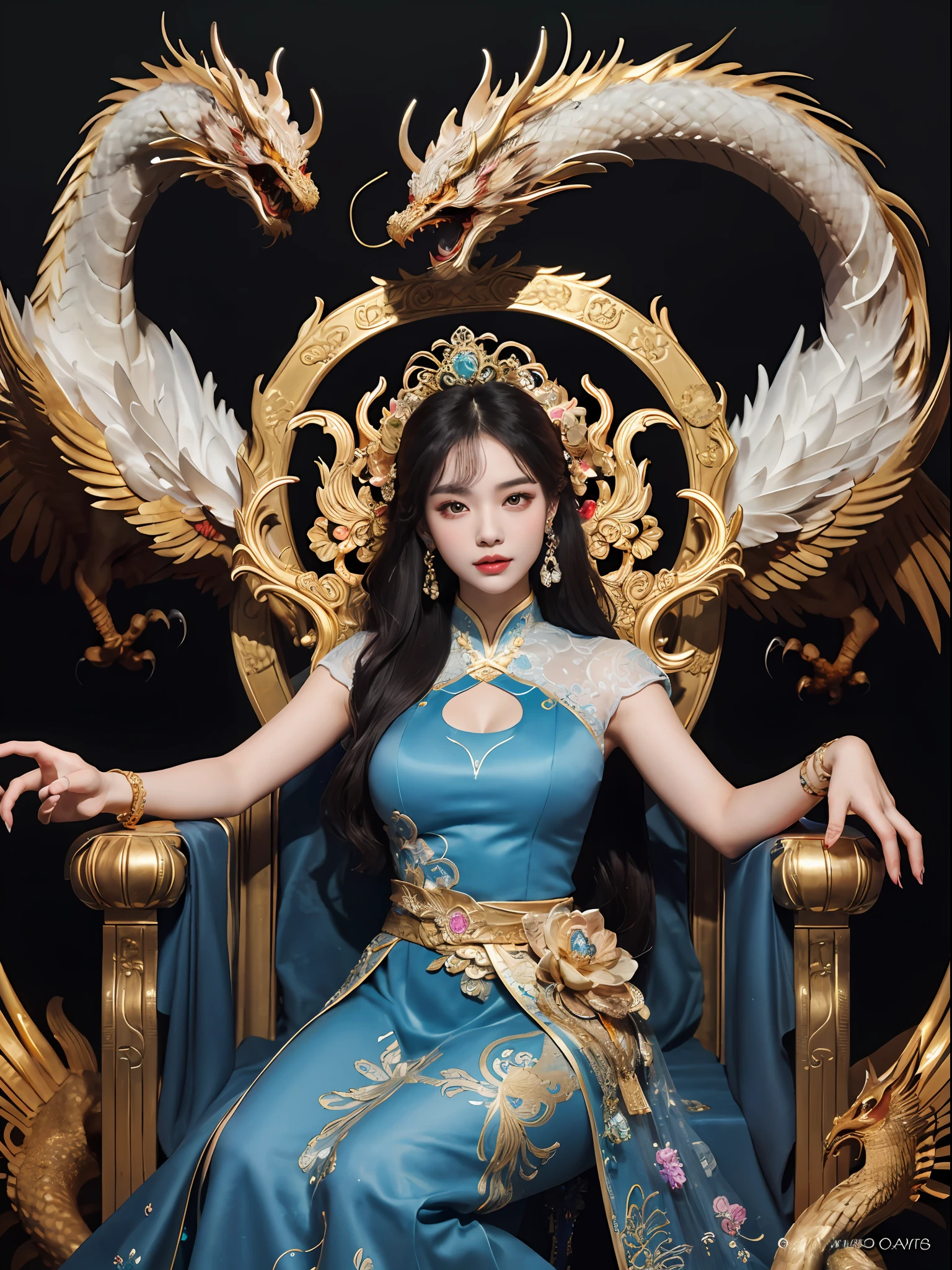 A Chinese girl sitting on a throne, a throne encrusted with precious stones, surrounded by Chinese phoenix beasts, gold and ruby color, unique monster illustration, Dau al set, high resolution, a painting, dense composition, playful repetition, precious stones, crystals, gold, detailed paintings, unique monster illustrations, super fine details, realistic, super high resolution, complex, super detail, (skin dents), cute, feminine, detailed body, (Detailed face: 1.1), (contoured iris), (watercolor lenses), (perfect eyes), 4k, gorgeous, (masterpiece: 1.2), (best quality: 1.2), gorgeous long dress, dynamic pose, rich colors, film light and shadow