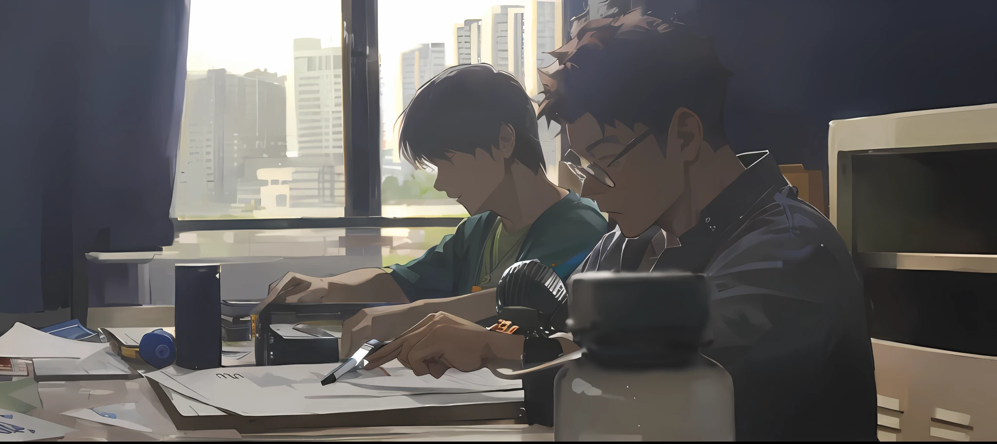 There are two men sitting at a table working on a project，akehiko inoue and ross tran
