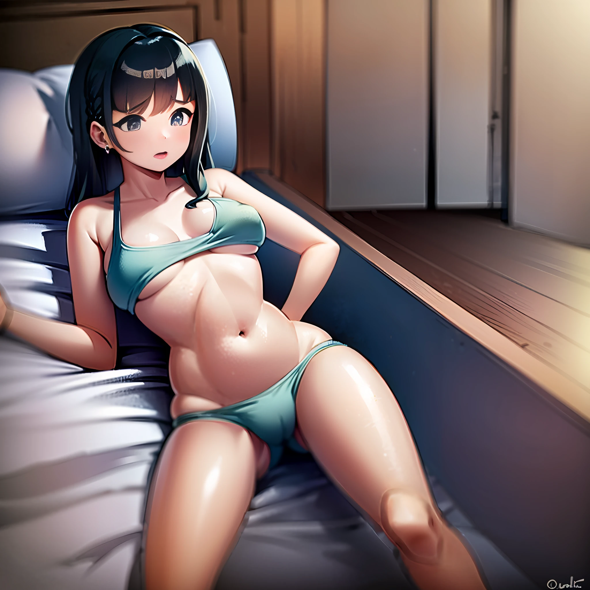 Bare chest Lying on the bed Light blue hair Protruding bare breasts Loli Afraid of underwear being torn Big breasts