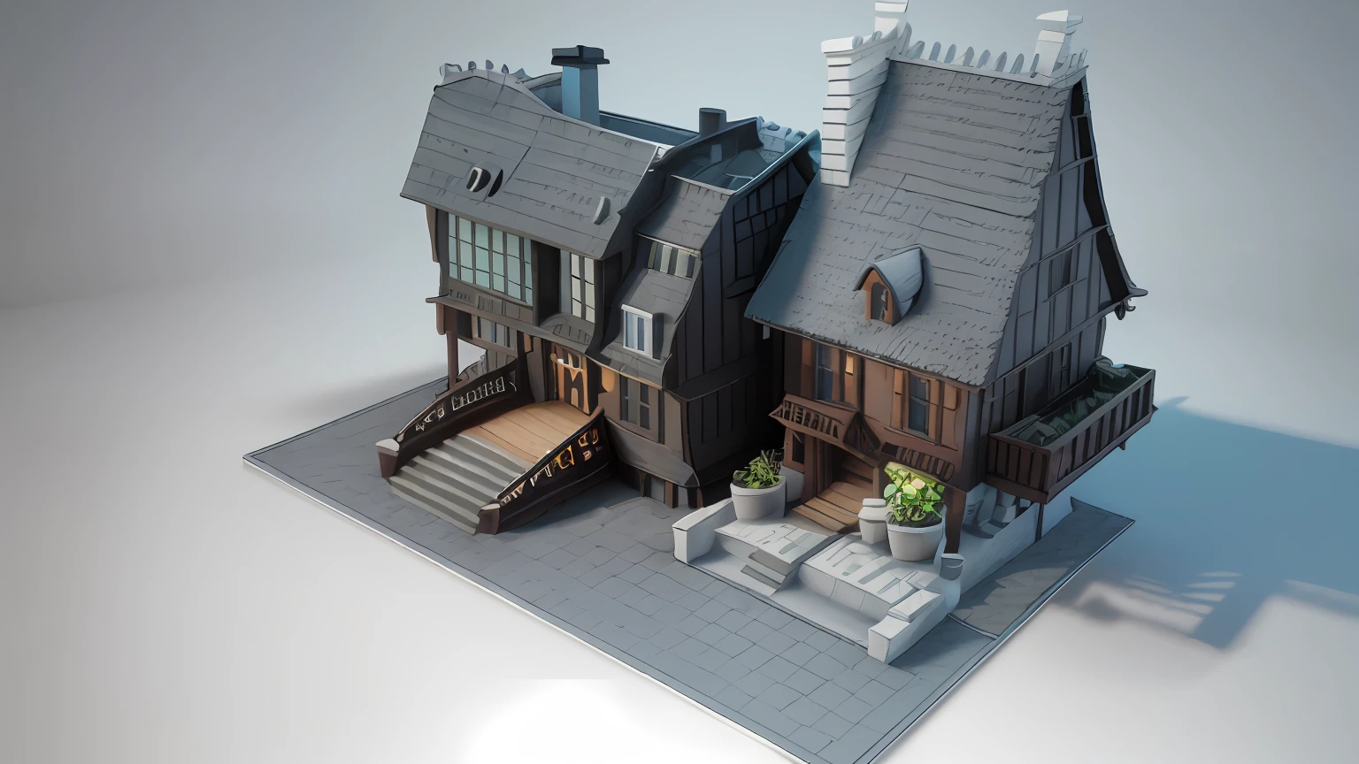 a close up of a house with a staircase and a staircase, ambient occlusion render, ambient occlusion render, Ambient occlusion:3, highly detailed 3d render, highly detailed 3d render, Ambient occlusion, hyper detailed 3d render, hyper detailed 3d render, stylized 3d render, monochrome 3 d model