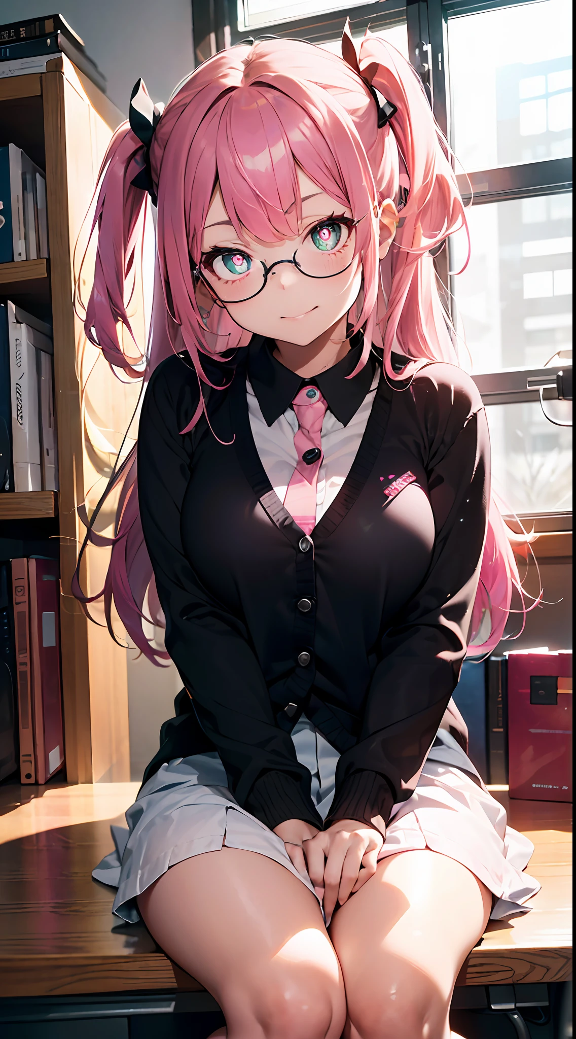 glasses.looking over eyewear:2.grinning evily:2(((masutepiece))),((ultra-detailliert,Best Quality, hight resolution, 8K Wallpaper, Beautiful clothes,)),fullllbody,Fulll body Shot (1 girl)((Pink hair, long hair,Straight hair,two side up)) (Green eyes),eyeshadows, eye line,gloweyes, ultradetailed eyes, intricate eyes, Beautiful eyes, ((Glowing pink pupils))18-year-old girl.wearing secretary.Office
