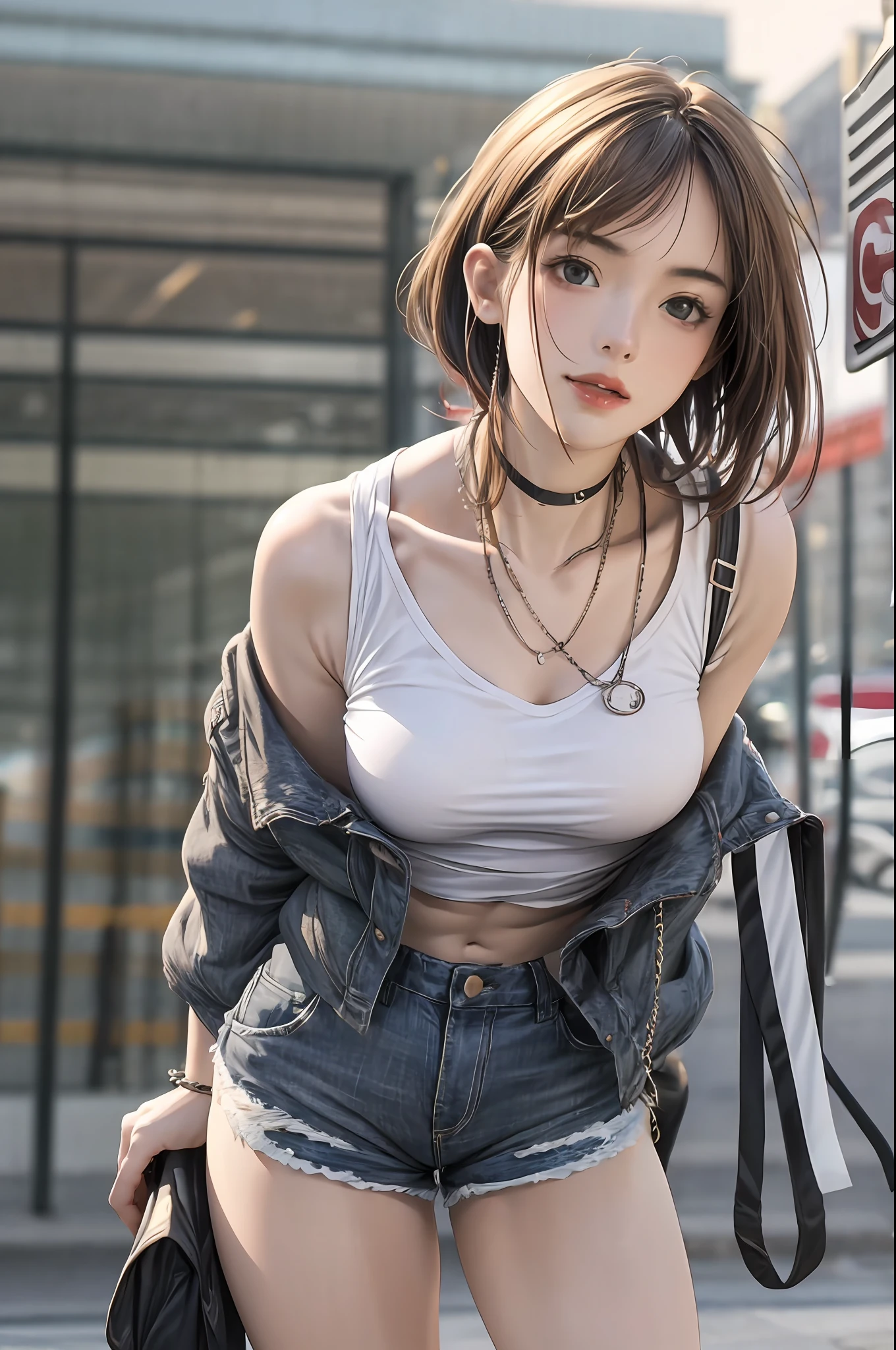 ((medium breast, tomboy girls, small head)), daylight, sunlight, (chiseled abs : 1.1), (perfect body : 1.1), (short wavy hair : 1.2) , auburn hair, collar, chain, full body shot, crowded street, wearing black tanktop, jeans jacket, ((shorts)), (extremely detailed CG 8k wallpaper), (an extremely delicate and beautiful), (masterpiece), (best quality:1.0), (ultra highres:1.0),  beautiful lighting ,perfect lightning, realistic shadows, [highres], detailed skin, ultra-detailed