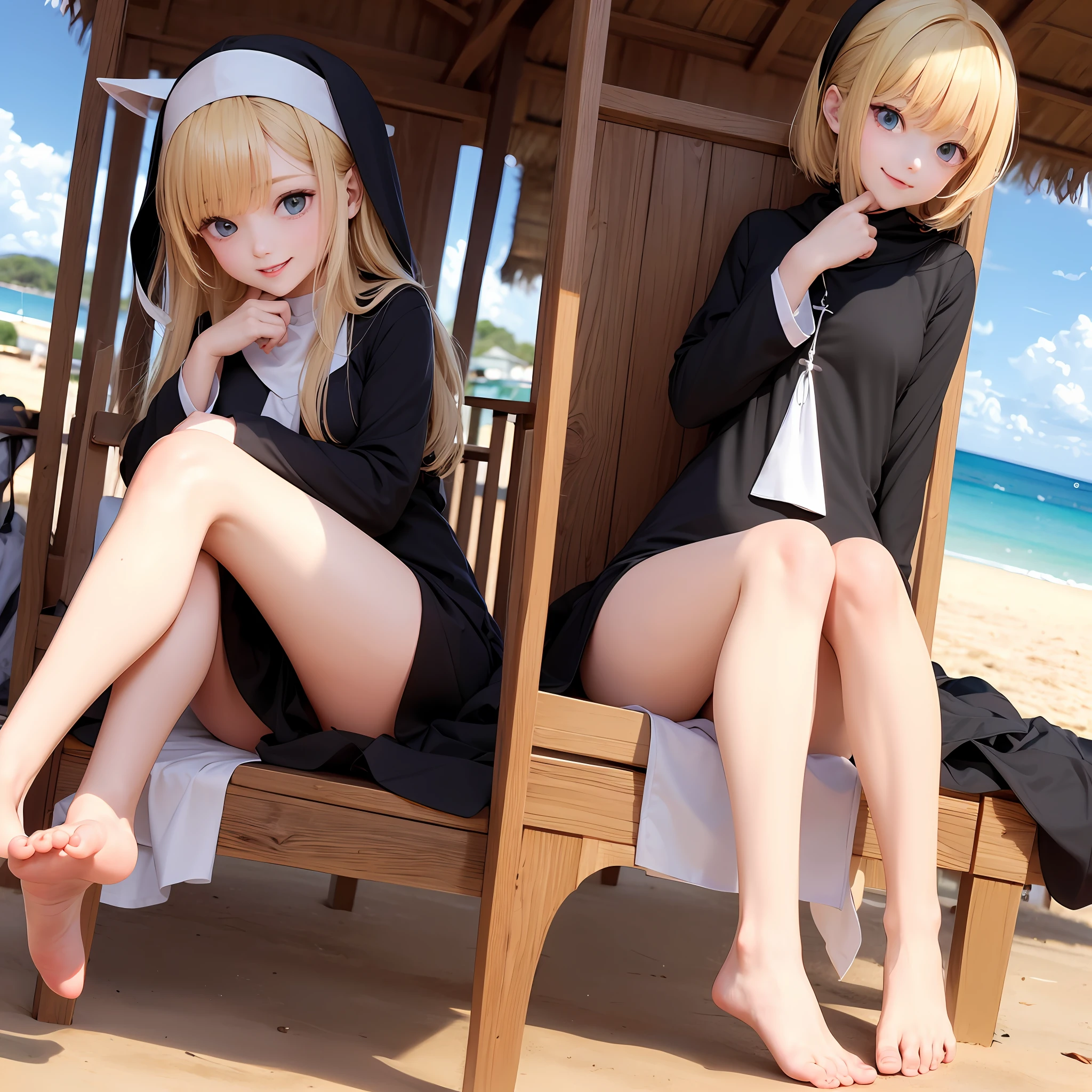 Blonde Anime woman happy on a beach, dresed like a nun, revealing clothing, feet, ishtar,rin --auto