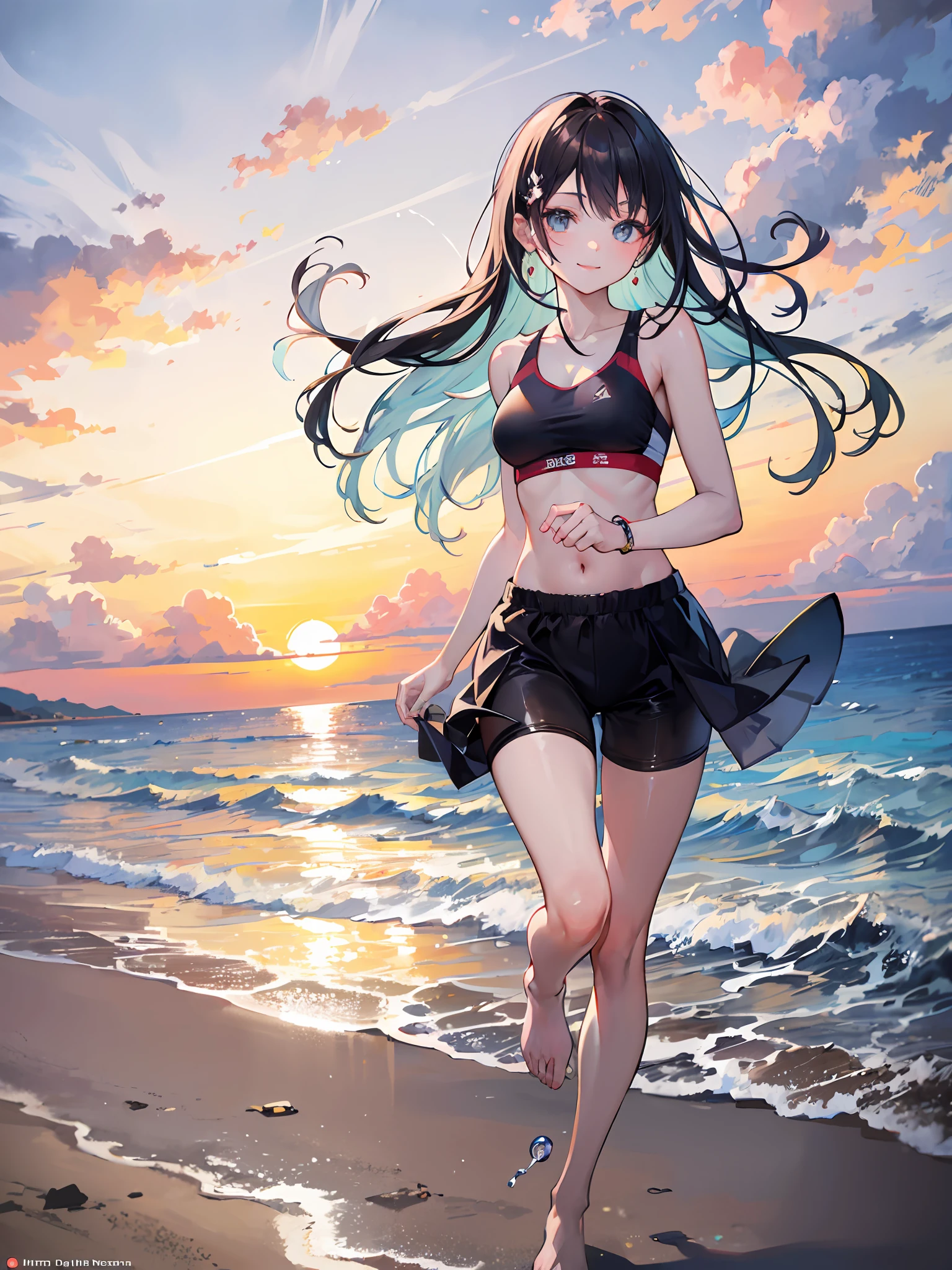 There is a sunset on the beach,A woman runs in the waves,A beautiful smile