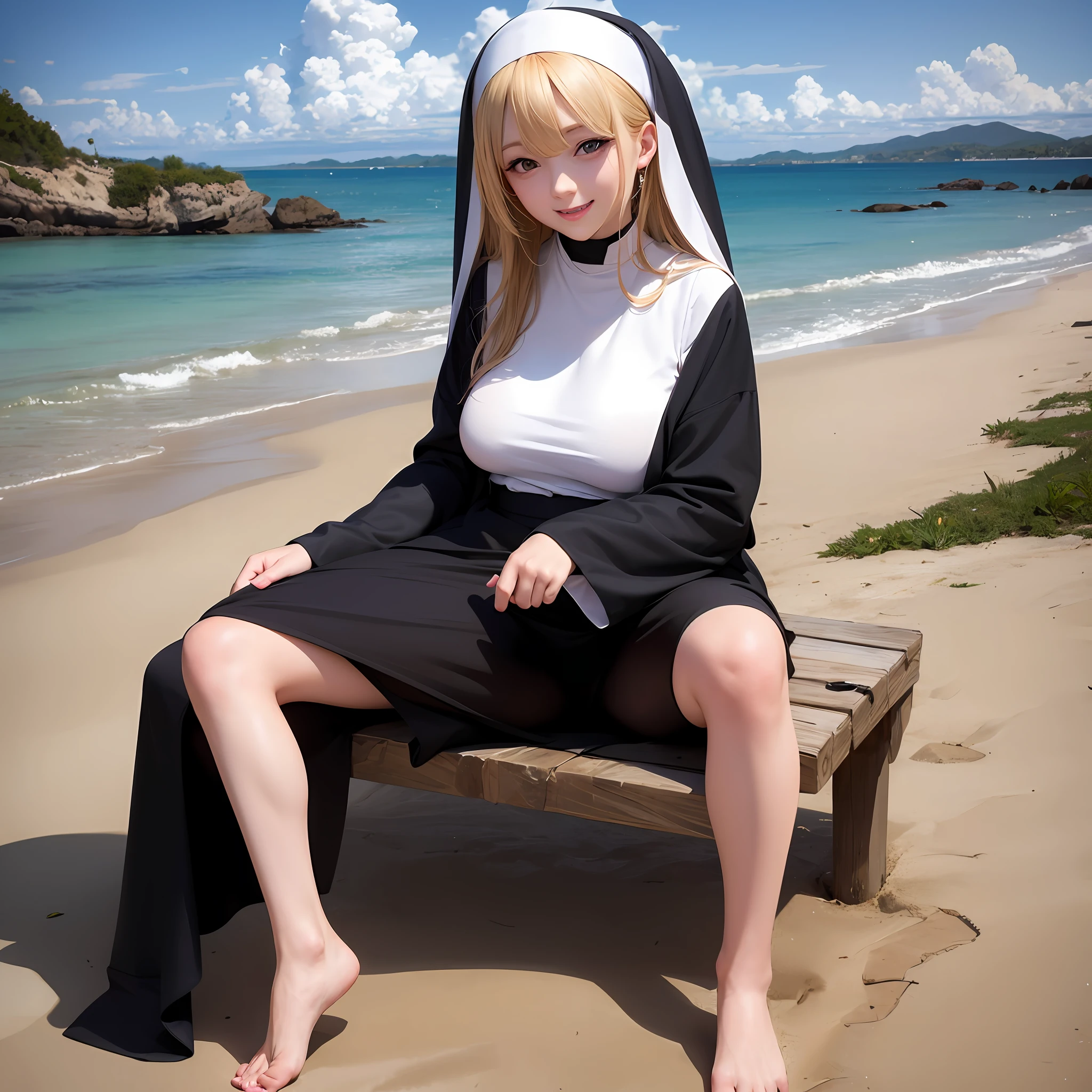 Blonde Anime woman happy on a beach, dresed like a nun, revealing clothing, feet, ishtar,rin --auto