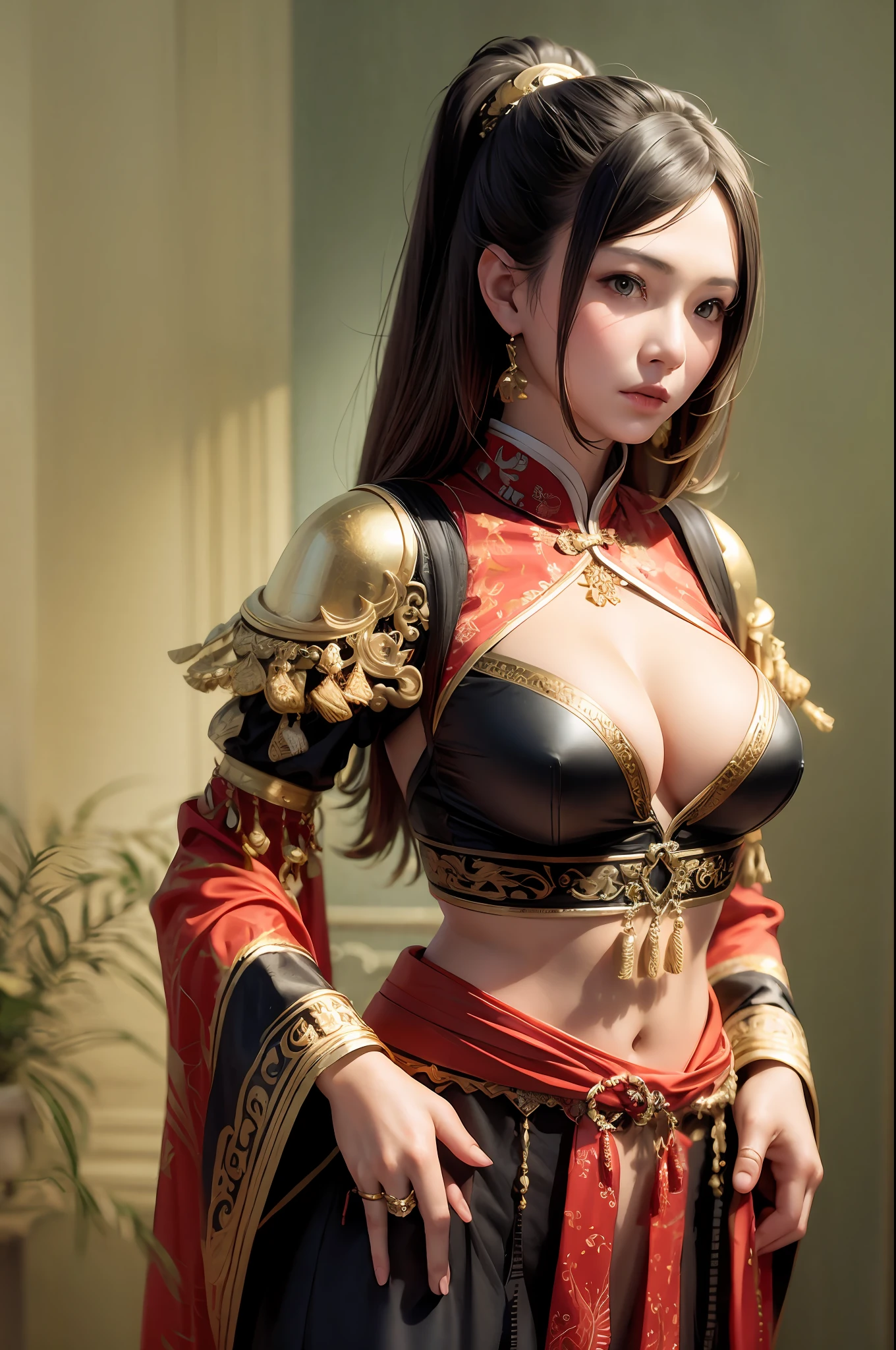 man asian，mature femal，ponytailhair，ancient clothes，Upper body body，Realisticstyle