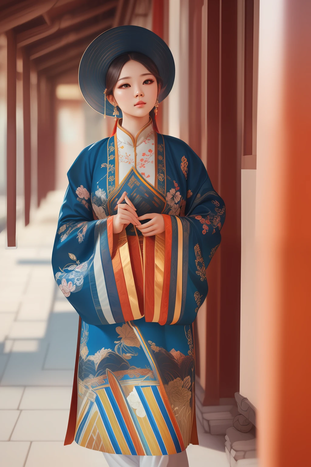 (RAW photo, best quality), (realistic, photo-realistic:1.3), best quality, highly detailed, masterpiece, ultra-detailed, illustration,1girl, best quality, extremely detailed CG unity 8k wallpaper, Amazing, cinematic lighting, ancient_style, Ao Dai, Vietnamese traditional